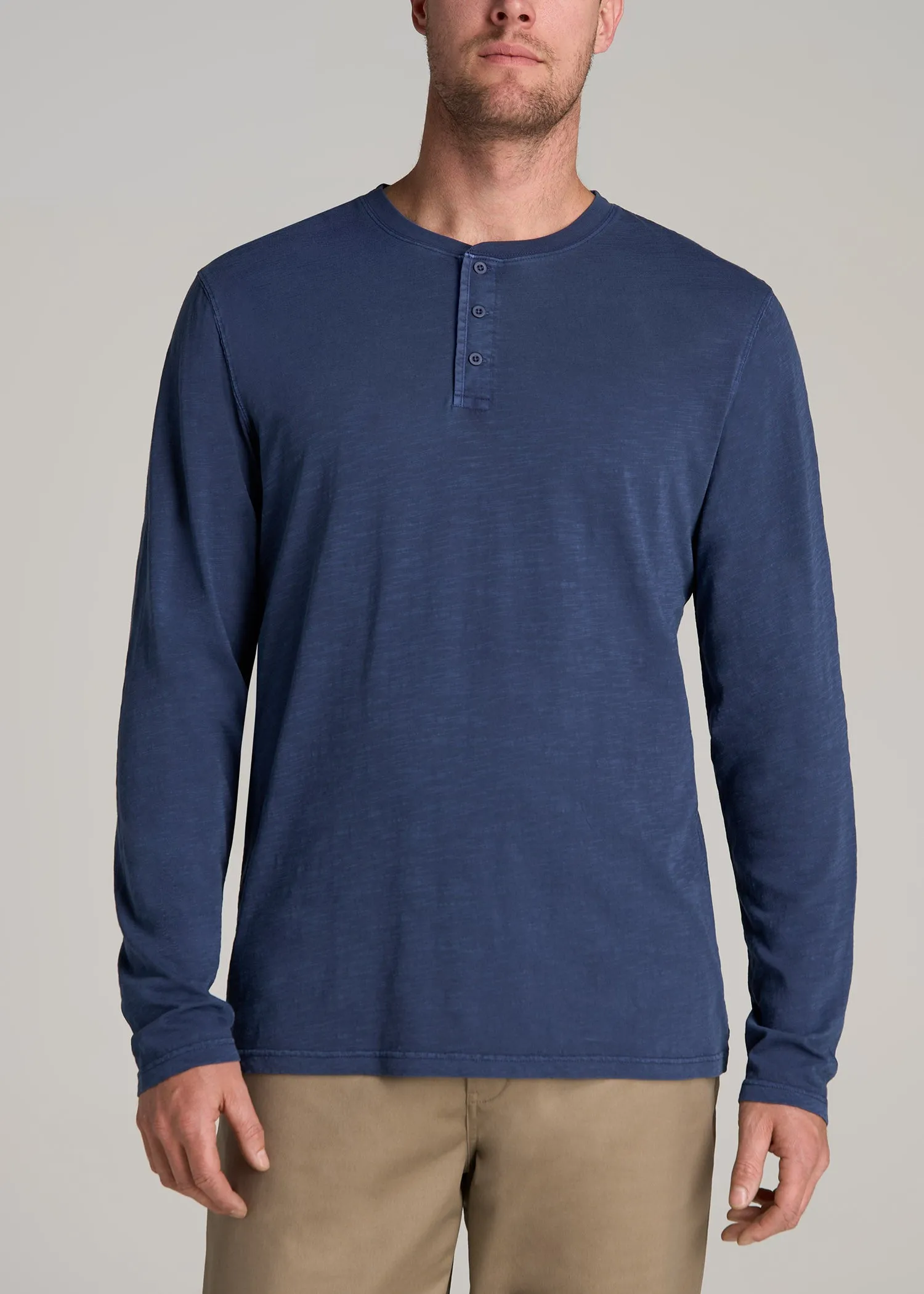 LJ&S Vintage Washed Slub Men's Tall Henley Shirt in Vintage Blue sold by American Tall