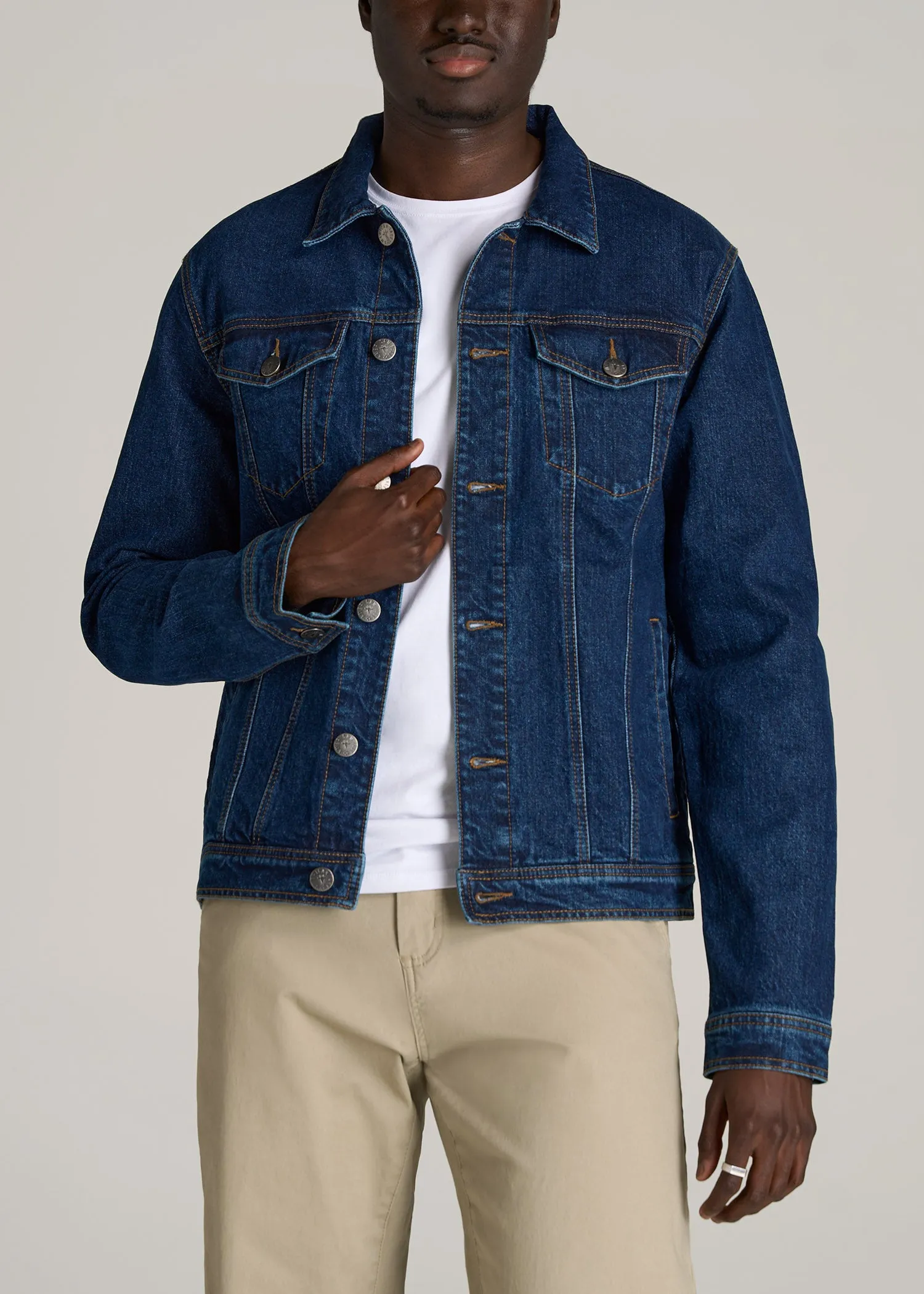 Denim Trucker Jacket for Tall Men in Mid Ocean Blue sold by American Tall