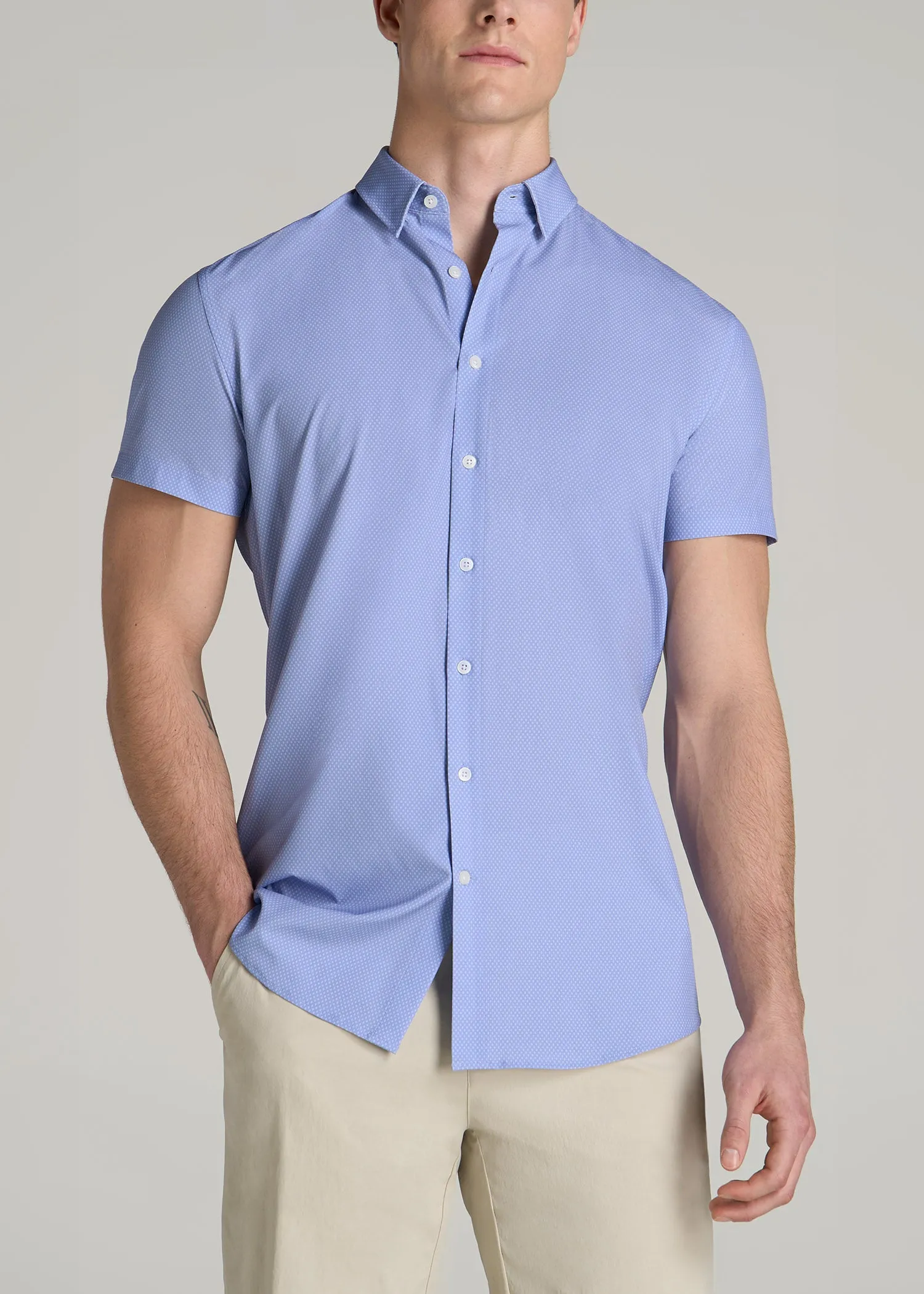 Short Sleeve Traveler Stretch Button Shirt for Tall Men in Blue Diamond Print sold by American Tall