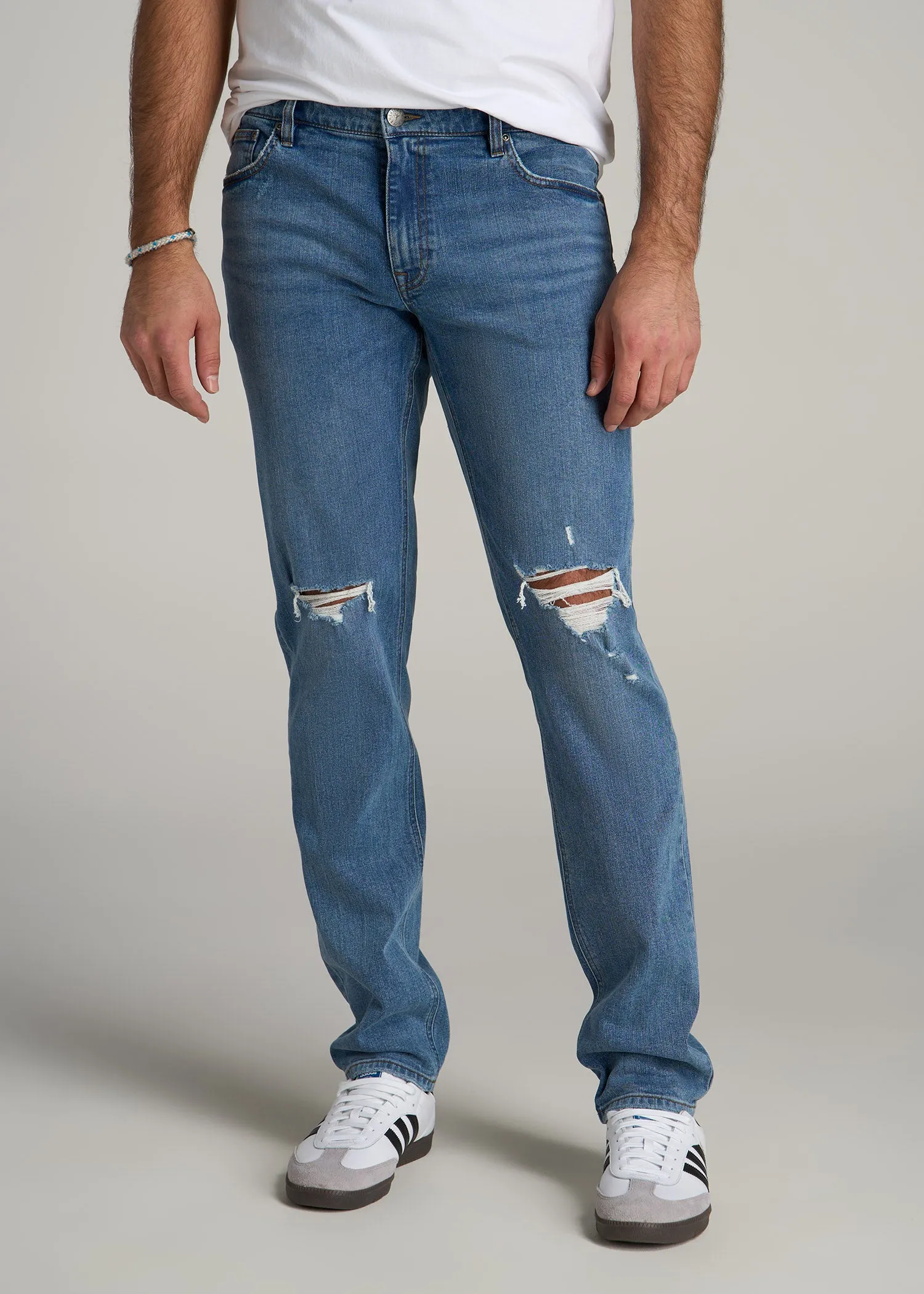 Carman TAPERED Jeans for Tall Men in Distressed Skyline Blue sold by American Tall
