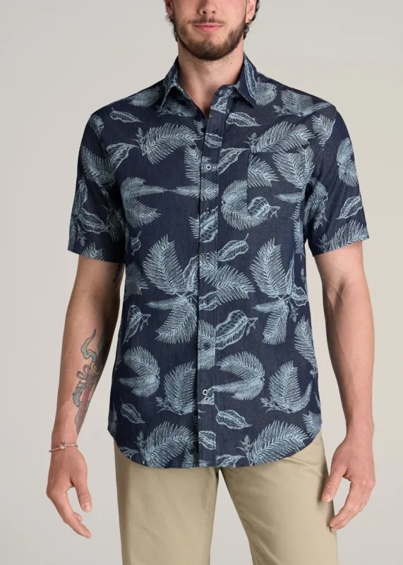 Chambray Print Short Sleeve Button-Up for Tall Men in Dark Grey Palm Print sold by American Tall