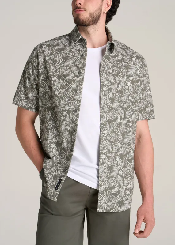 Chambray Print Short Sleeve Button-Up for Tall Men in Olive Paradise Print sold by American Tall