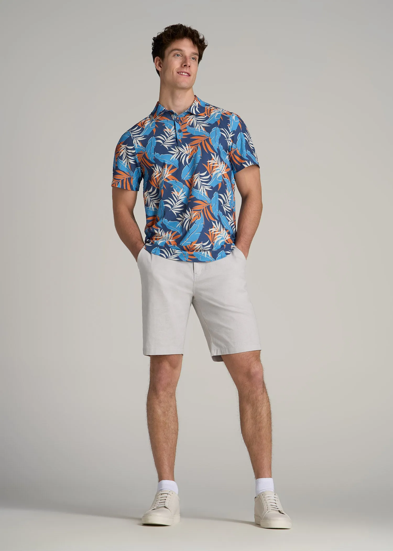 Coastal Perforated Polo Shirt for Tall Men in Blue and Orange Palms sold by American Tall product image thumbnail 4