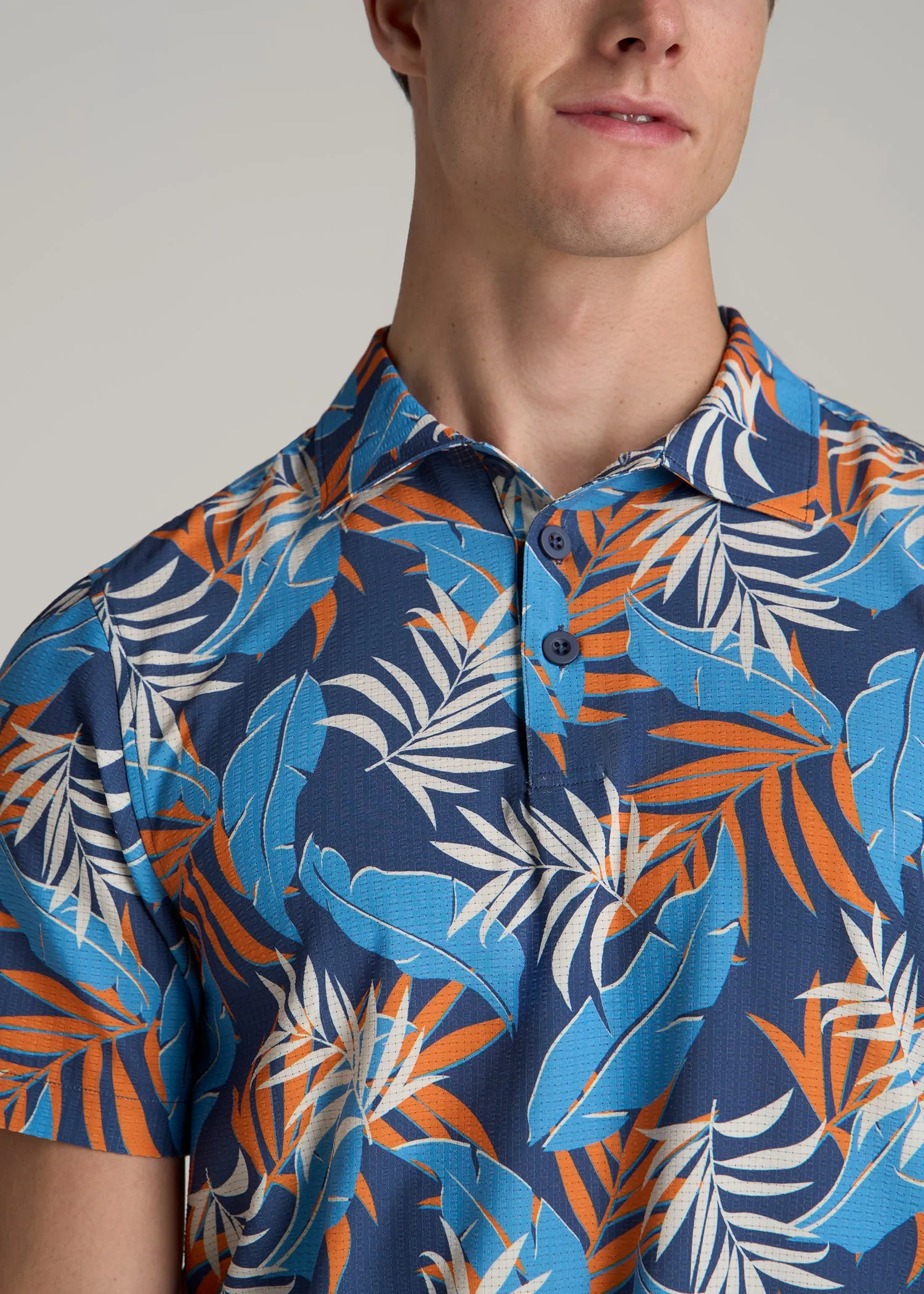 Coastal Perforated Polo Shirt for Tall Men in Blue and Orange Palms sold by American Tall product image thumbnail 2