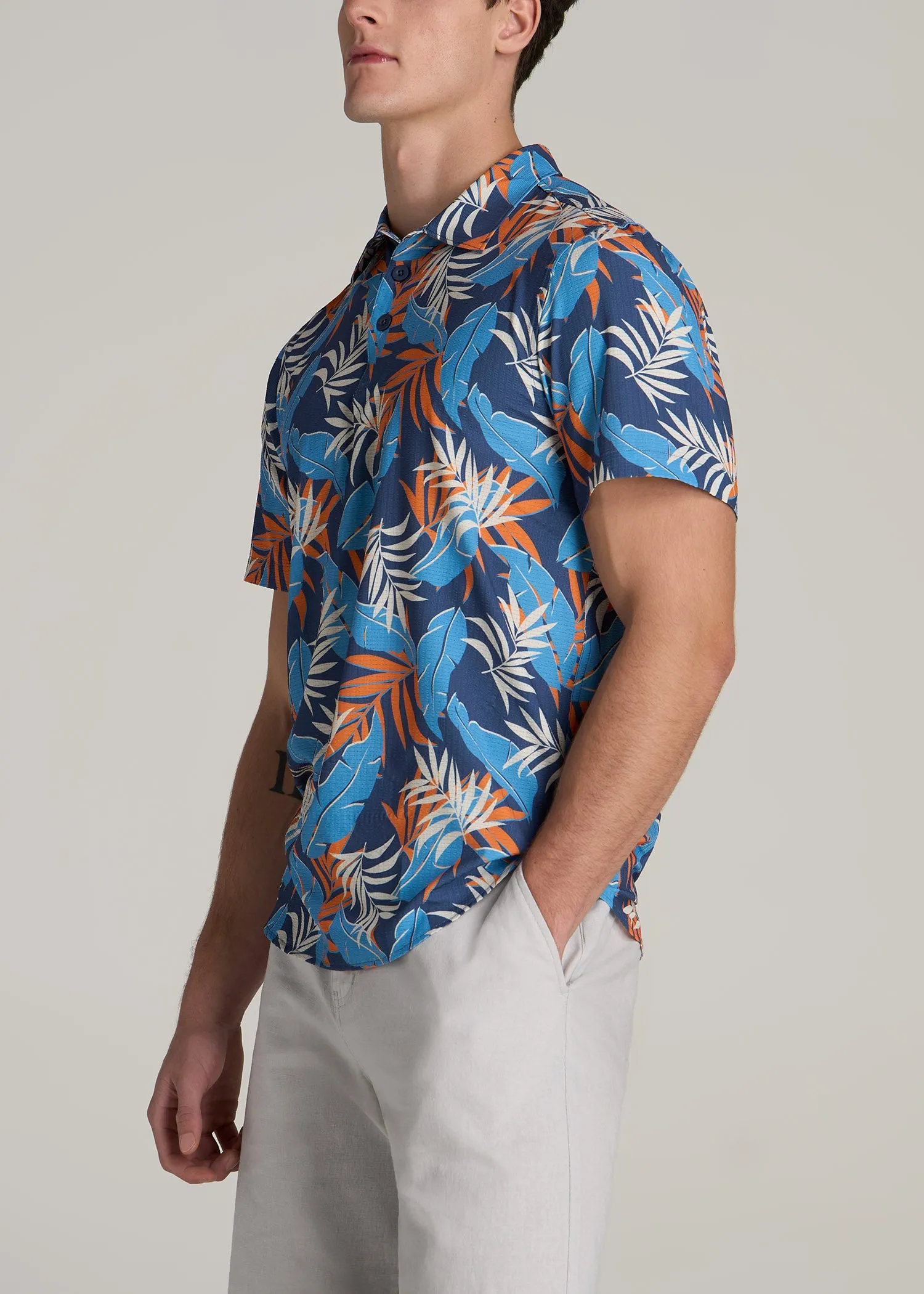 Coastal Perforated Polo Shirt for Tall Men in Blue and Orange Palms sold by American Tall product image thumbnail 3
