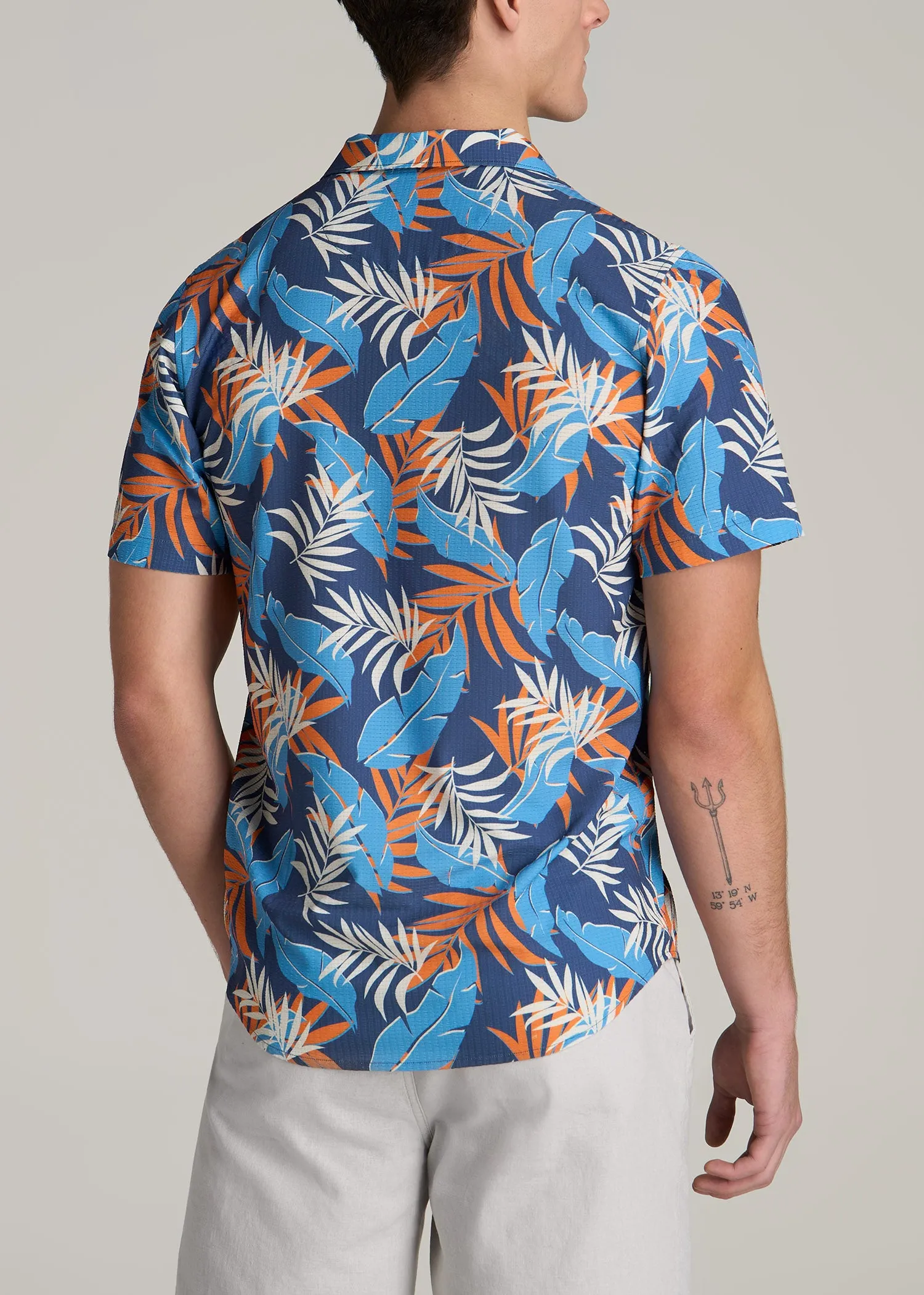 Coastal Perforated Polo Shirt for Tall Men in Blue and Orange Palms sold by American Tall product image thumbnail 5