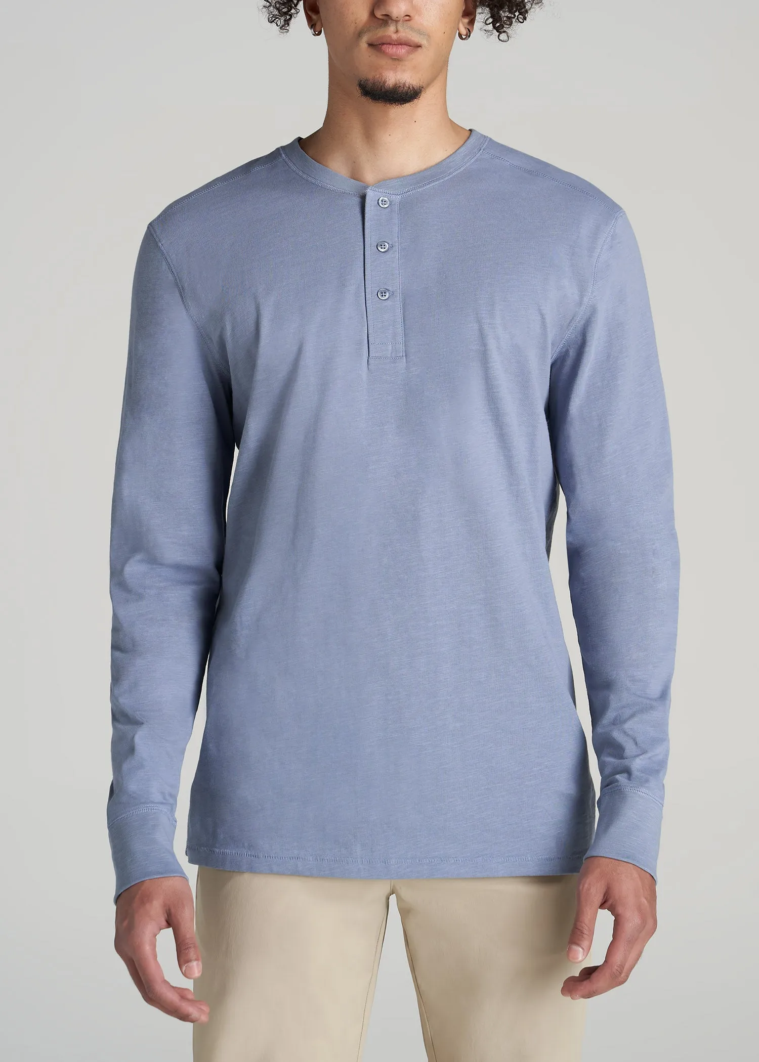 Three-Button Long Sleeve Slub Henley for Tall Men in Chambray sold by American Tall