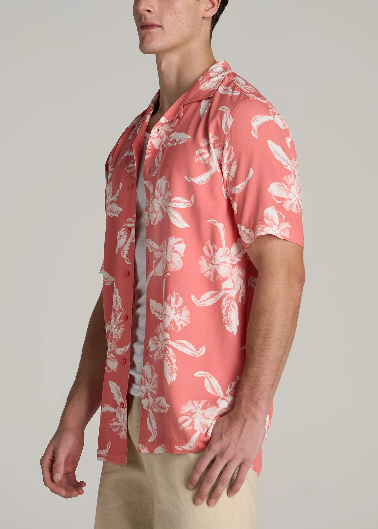 Short Sleeve Resort Shirt for Tall Men in Peach Hibiscus sold by American Tall product image thumbnail 3