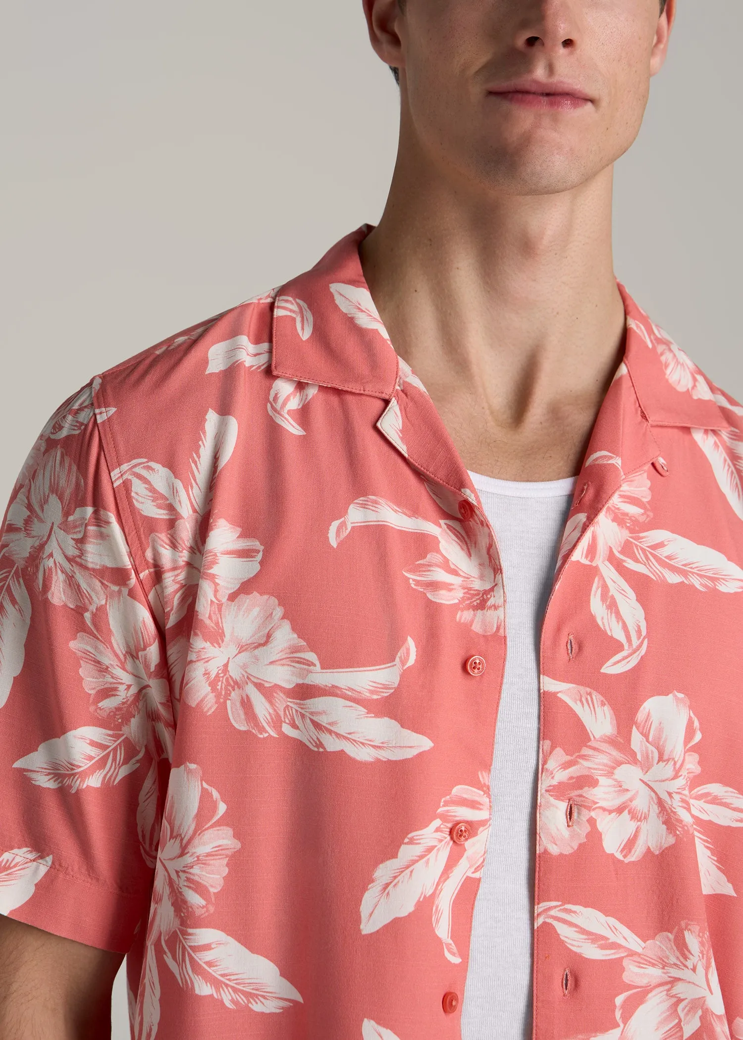 Short Sleeve Resort Shirt for Tall Men in Peach Hibiscus sold by American Tall product image thumbnail 2