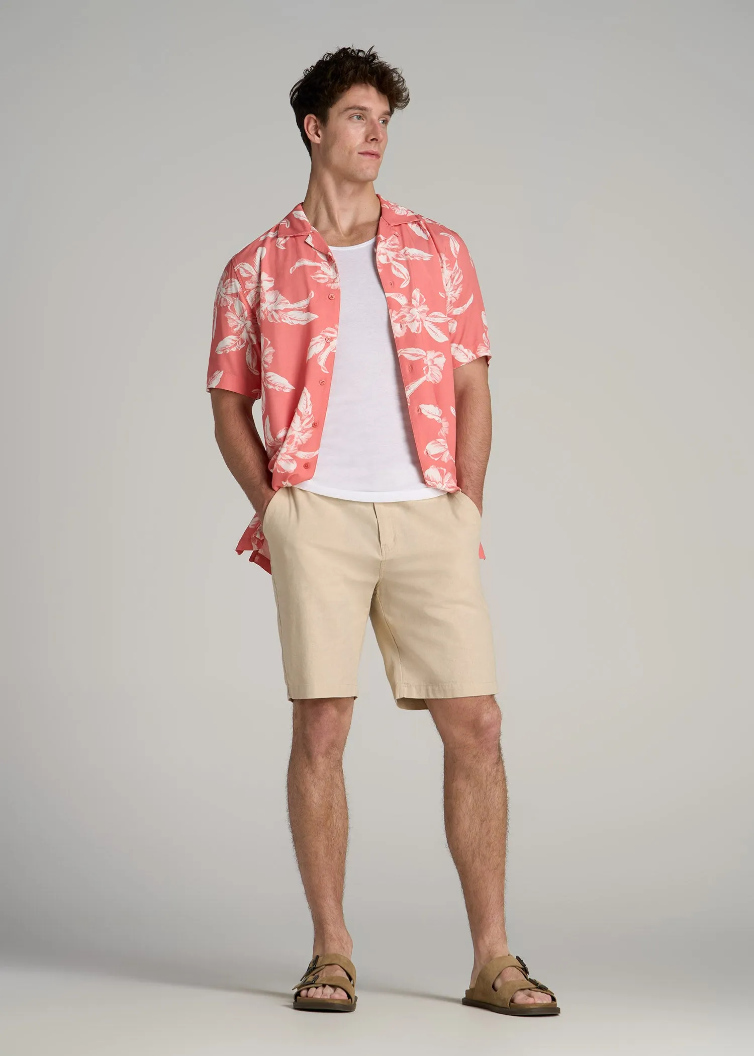 Short Sleeve Resort Shirt for Tall Men in Peach Hibiscus sold by American Tall product image thumbnail 4