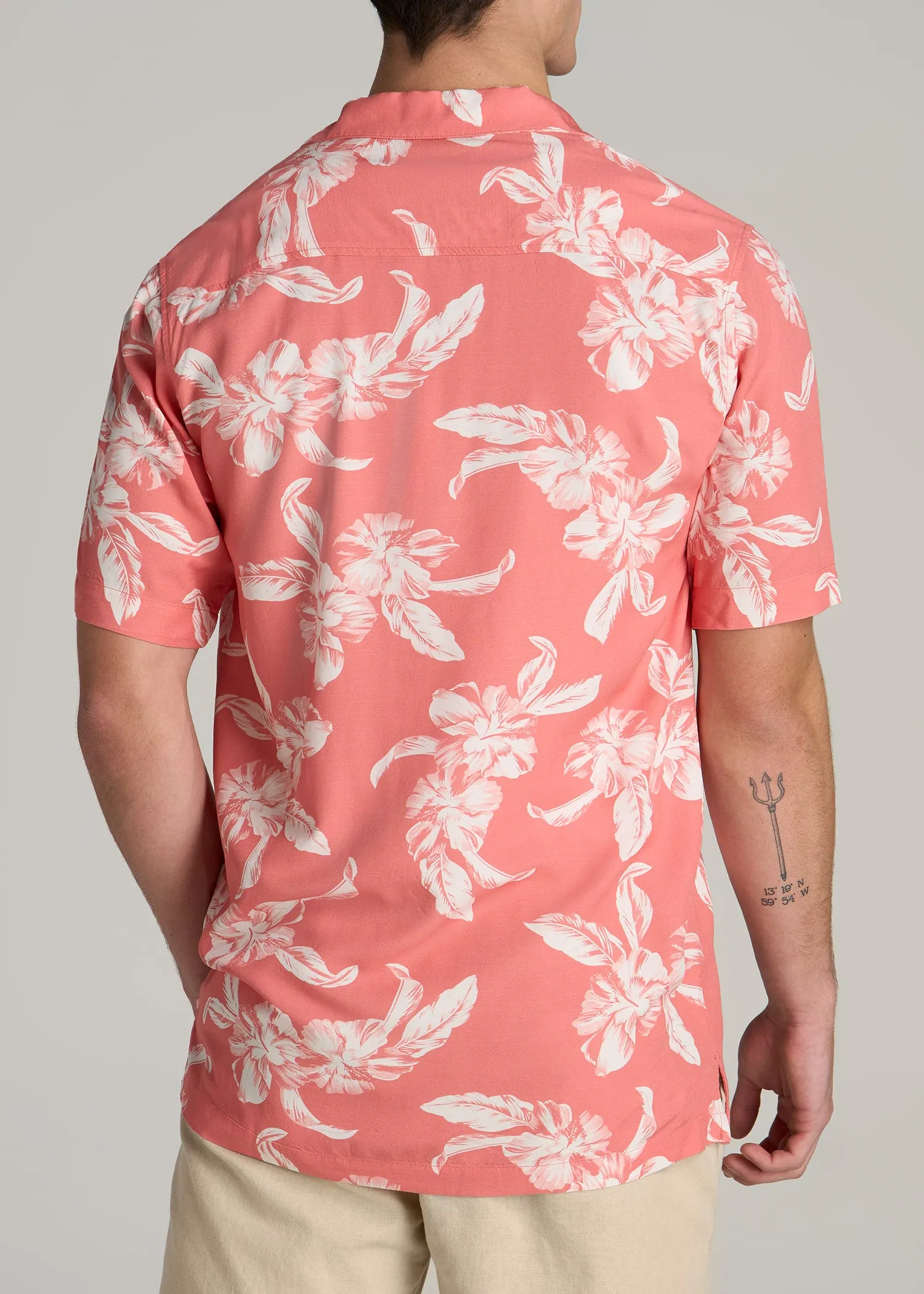 Short Sleeve Resort Shirt for Tall Men in Peach Hibiscus sold by American Tall product image thumbnail 5
