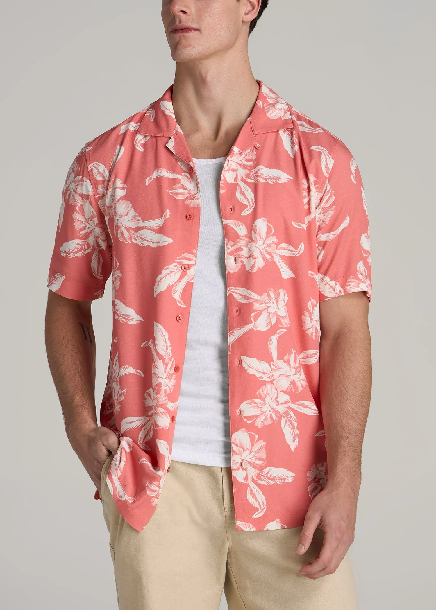 Short Sleeve Resort Shirt for Tall Men in Peach Hibiscus sold by American Tall