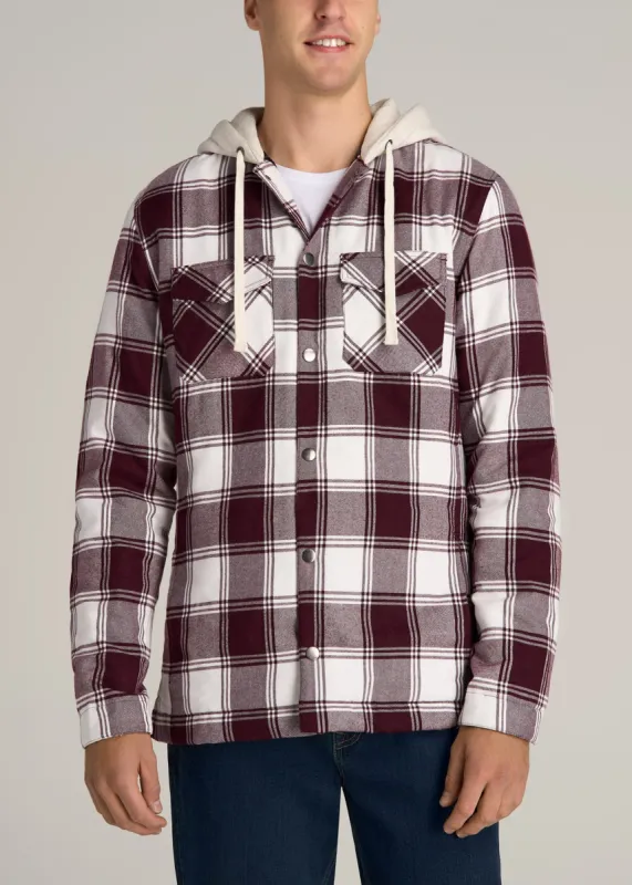 Hooded Flannel Shirt Jacket for Tall Men in Maroon & White Plaid sold by American Tall