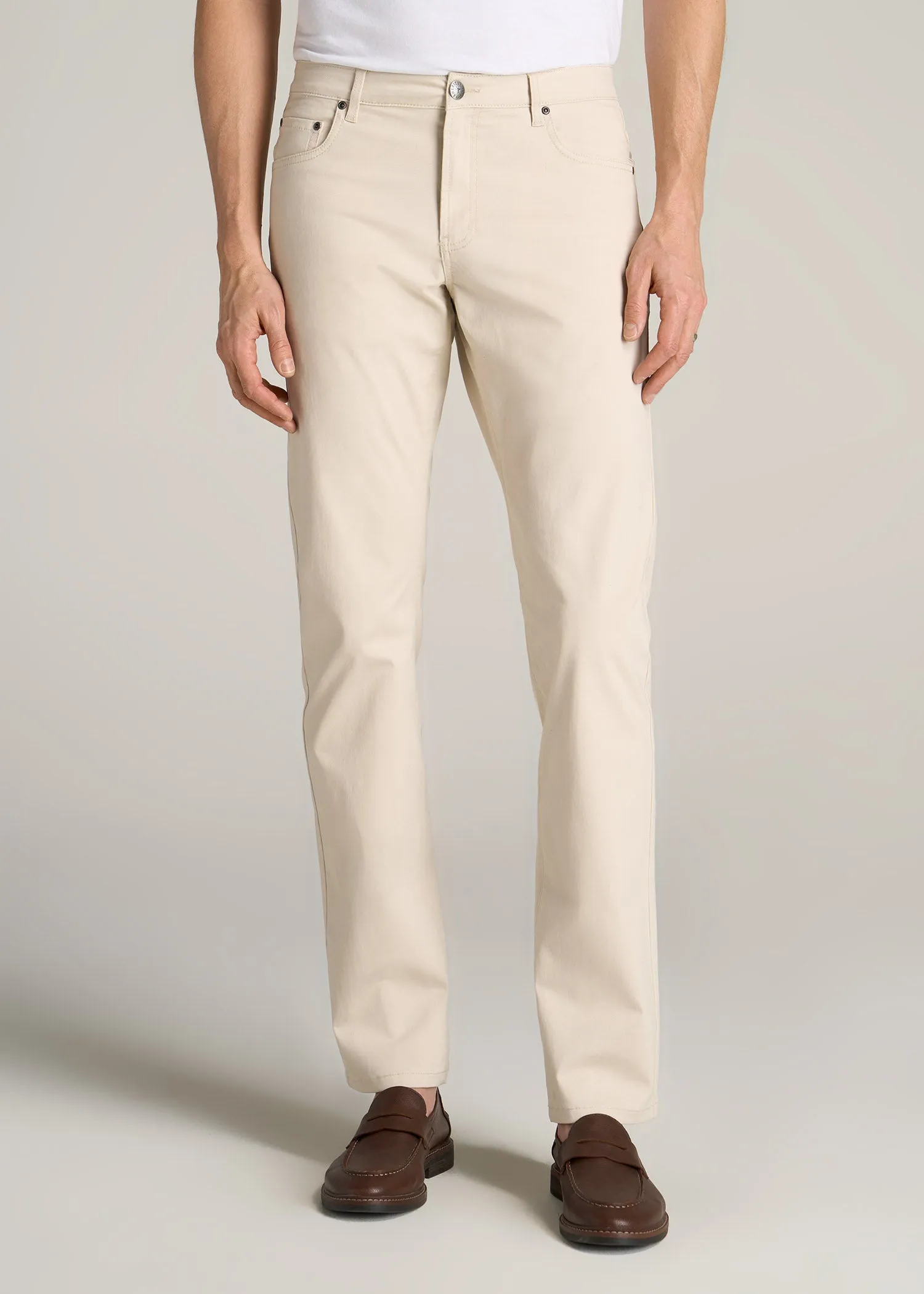Carman TAPERED Fit Five Pocket Pants for Tall Men in Soft Beige sold by American Tall