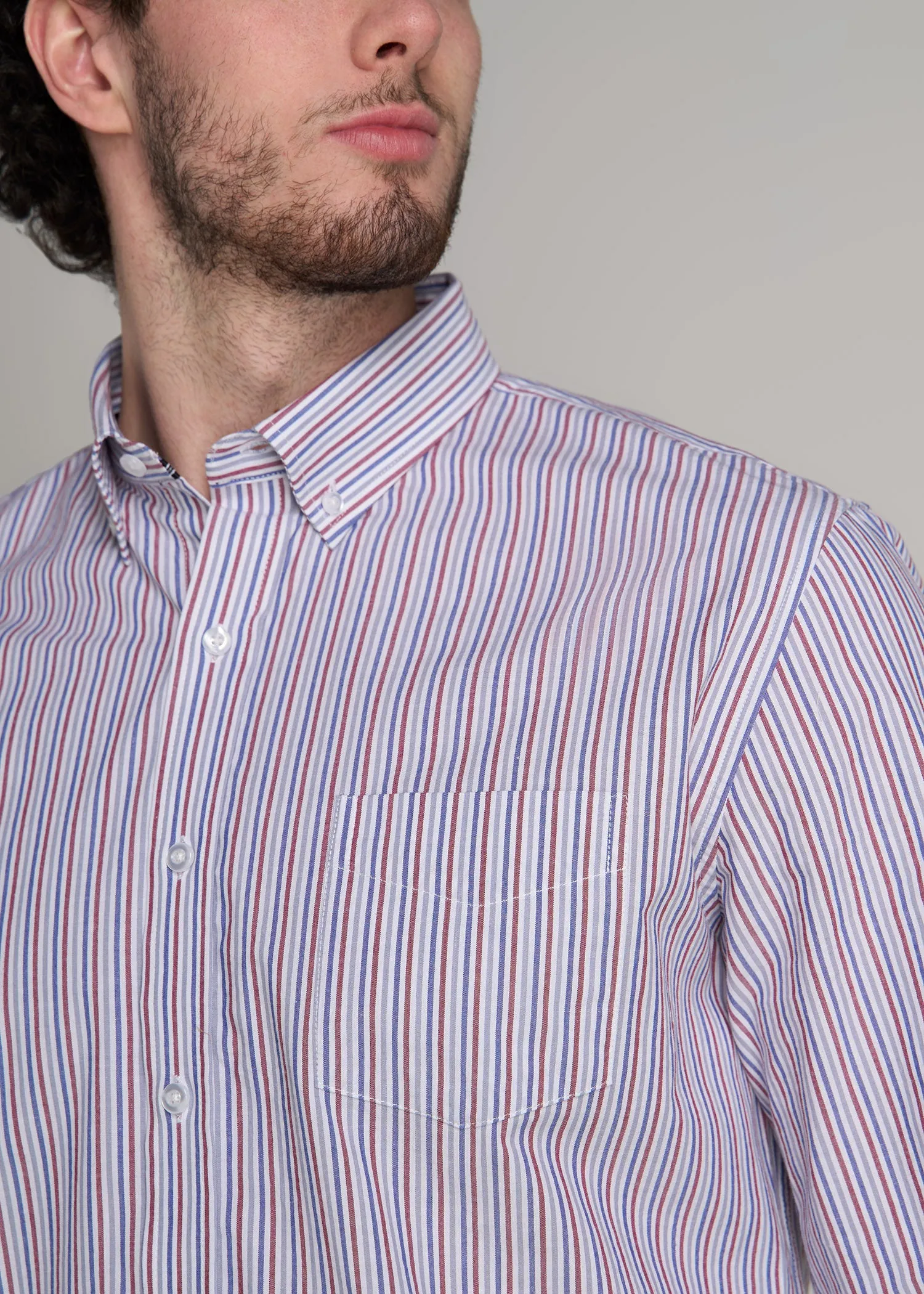 Soft-Wash Button-Up Shirt for Tall Men in Red and Blue Multi Stripe sold by American Tall product image thumbnail 2