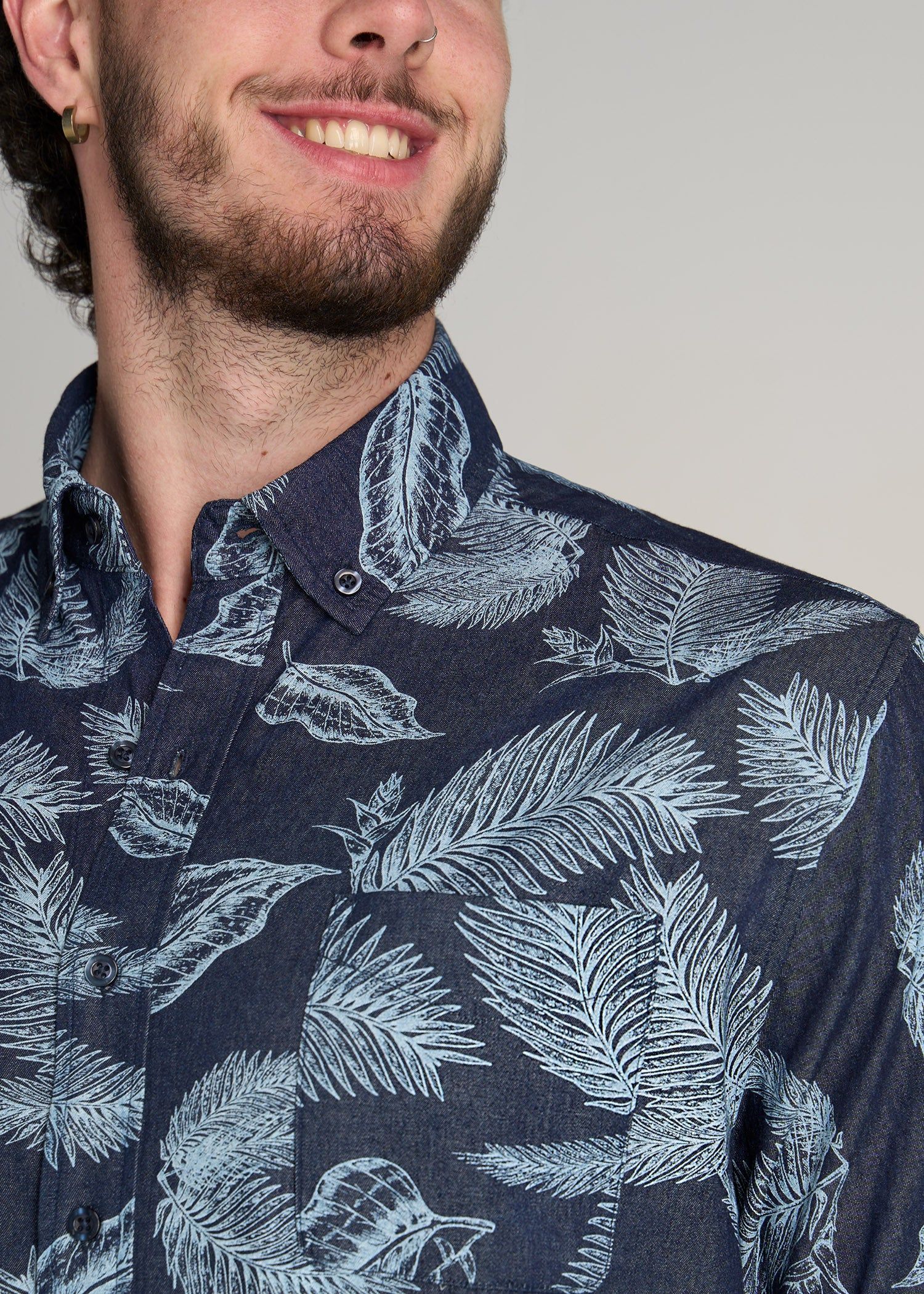 Chambray Print Short Sleeve Button-Up for Tall Men in Dark Grey Palm Print sold by American Tall product image thumbnail 2