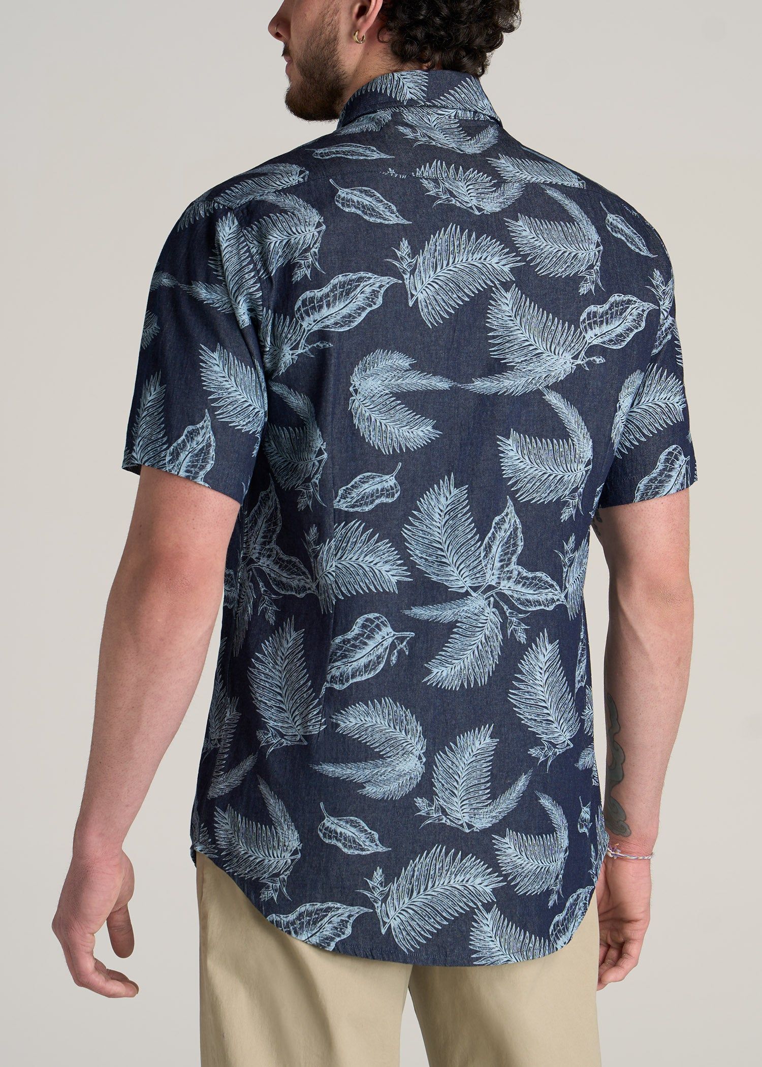 Chambray Print Short Sleeve Button-Up for Tall Men in Dark Grey Palm Print sold by American Tall product image thumbnail 5