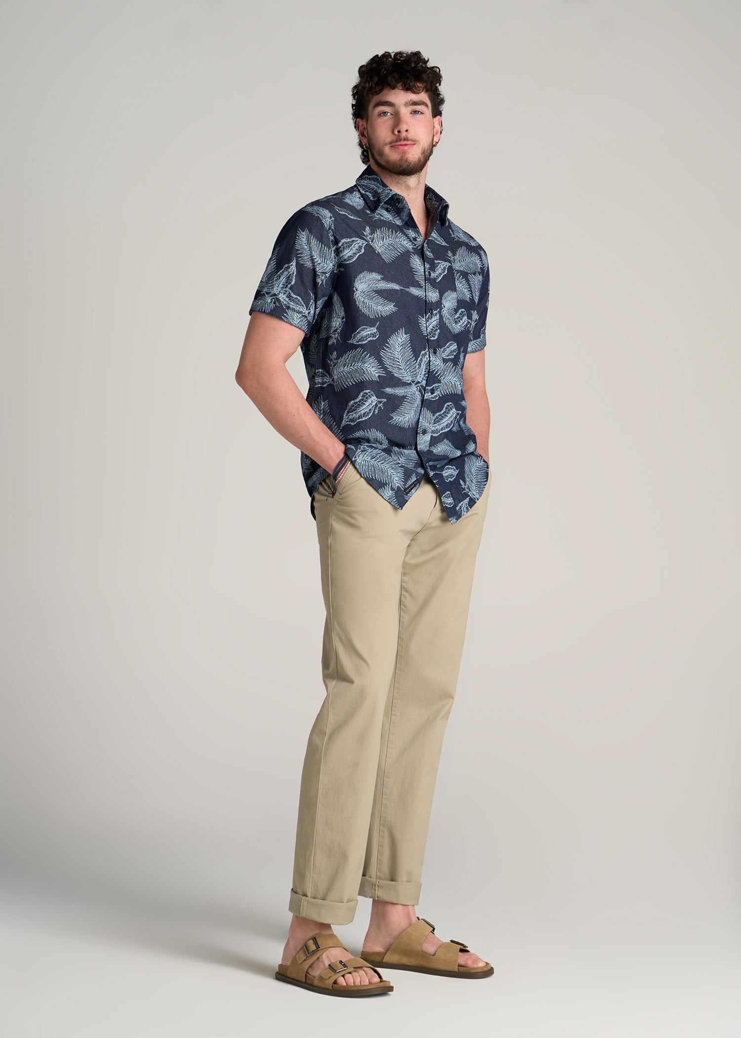 Chambray Print Short Sleeve Button-Up for Tall Men in Dark Grey Palm Print sold by American Tall product image thumbnail 4