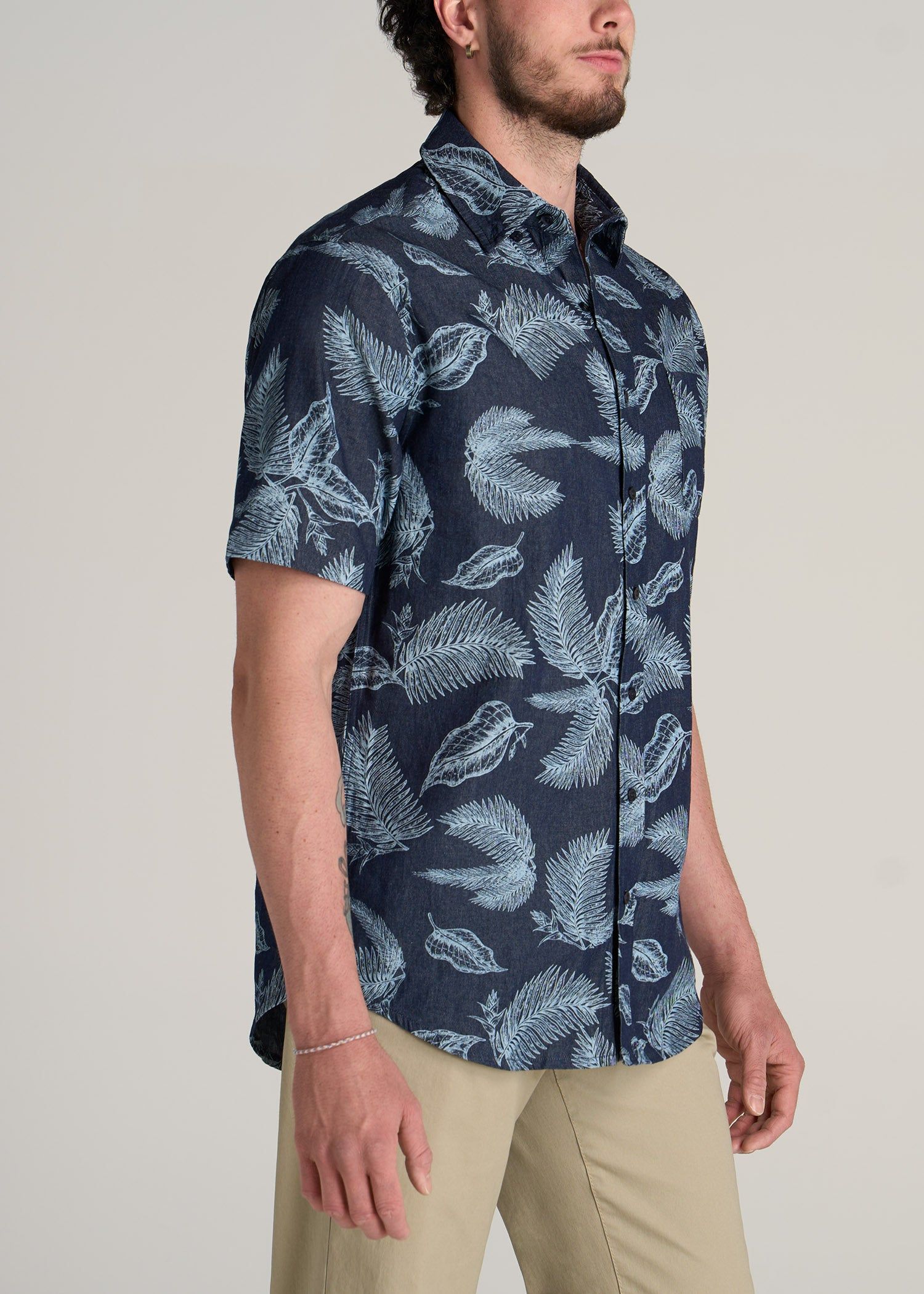 Chambray Print Short Sleeve Button-Up for Tall Men in Dark Grey Palm Print sold by American Tall product image thumbnail 3