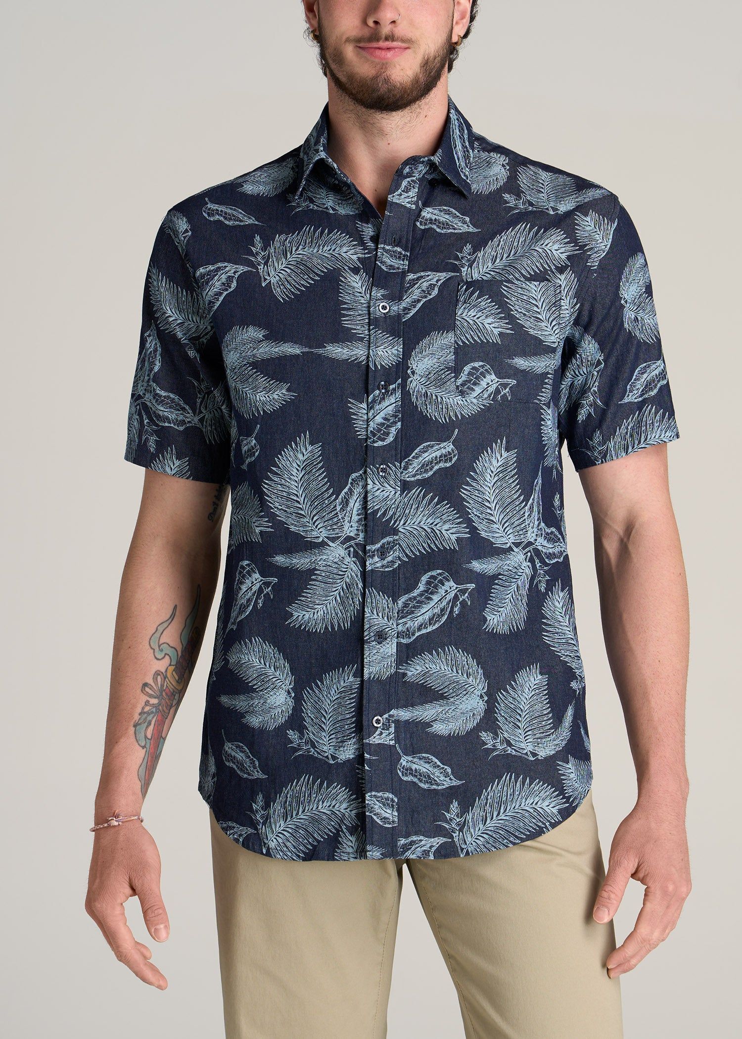 Chambray Print Short Sleeve Button-Up for Tall Men in Dark Grey Palm Print sold by American Tall