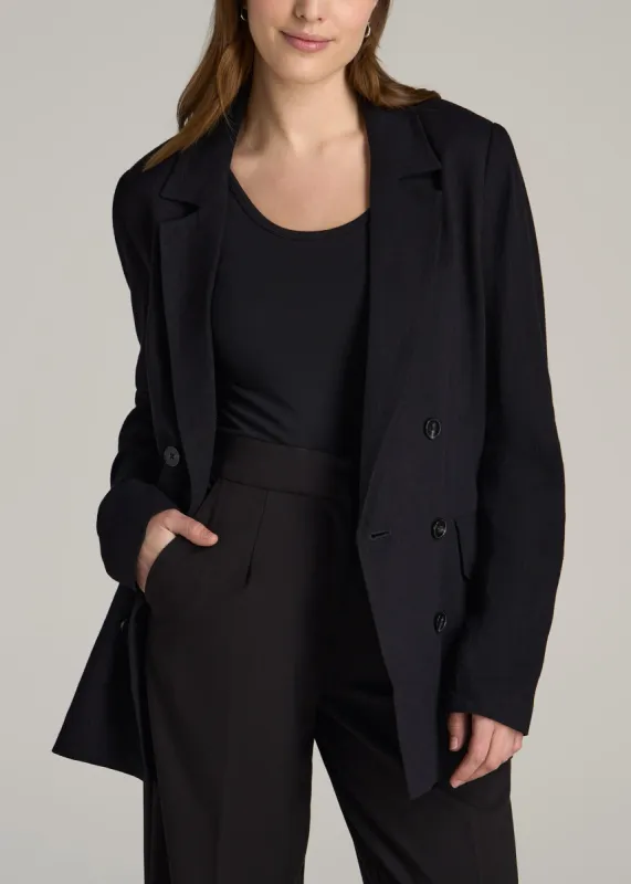 Linen Blend Tie Back Blazer For Tall Women in Black sold by American Tall