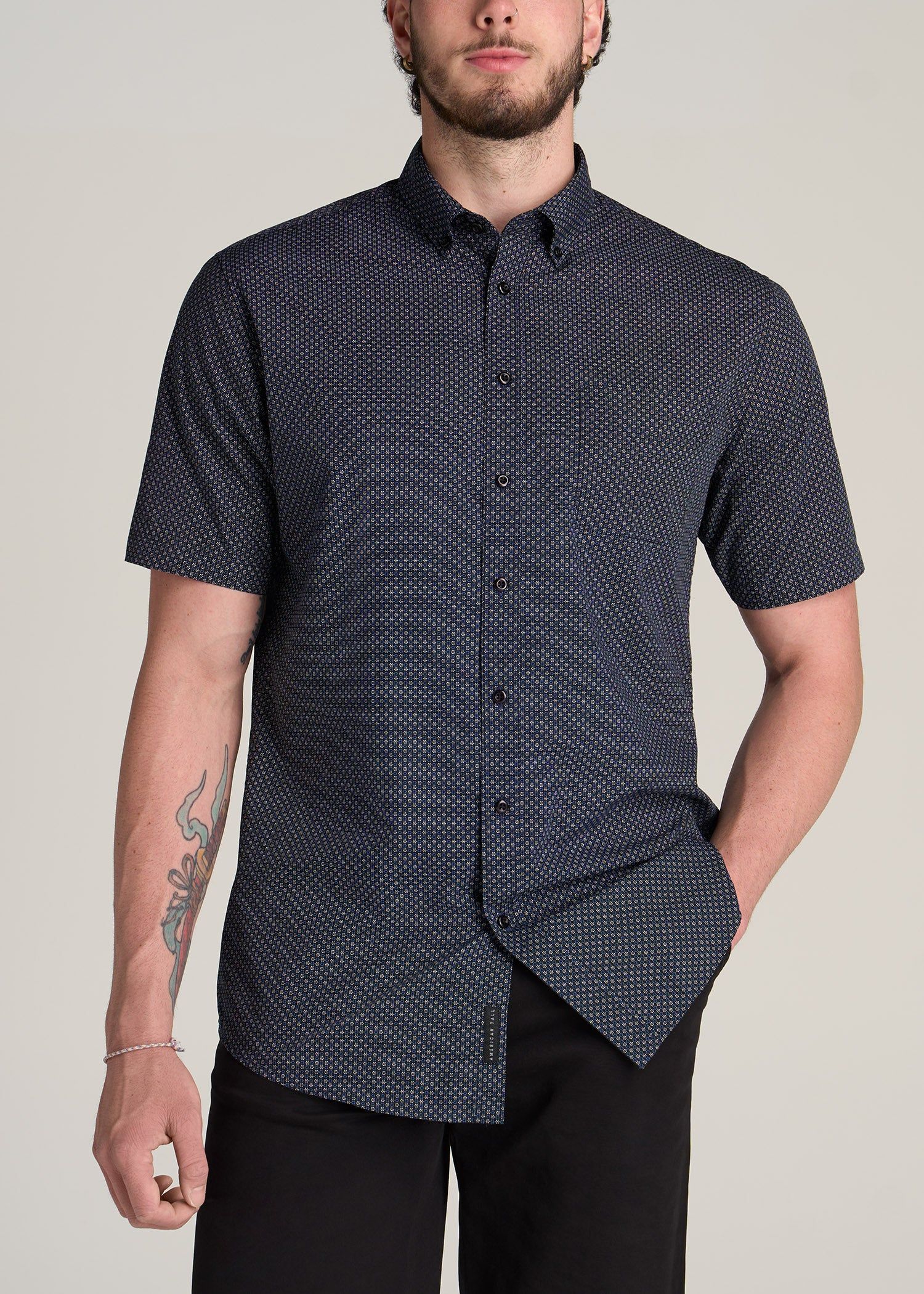Short Sleeve Shirt for Tall Men in Black & Blue Bloom Print sold by American Tall