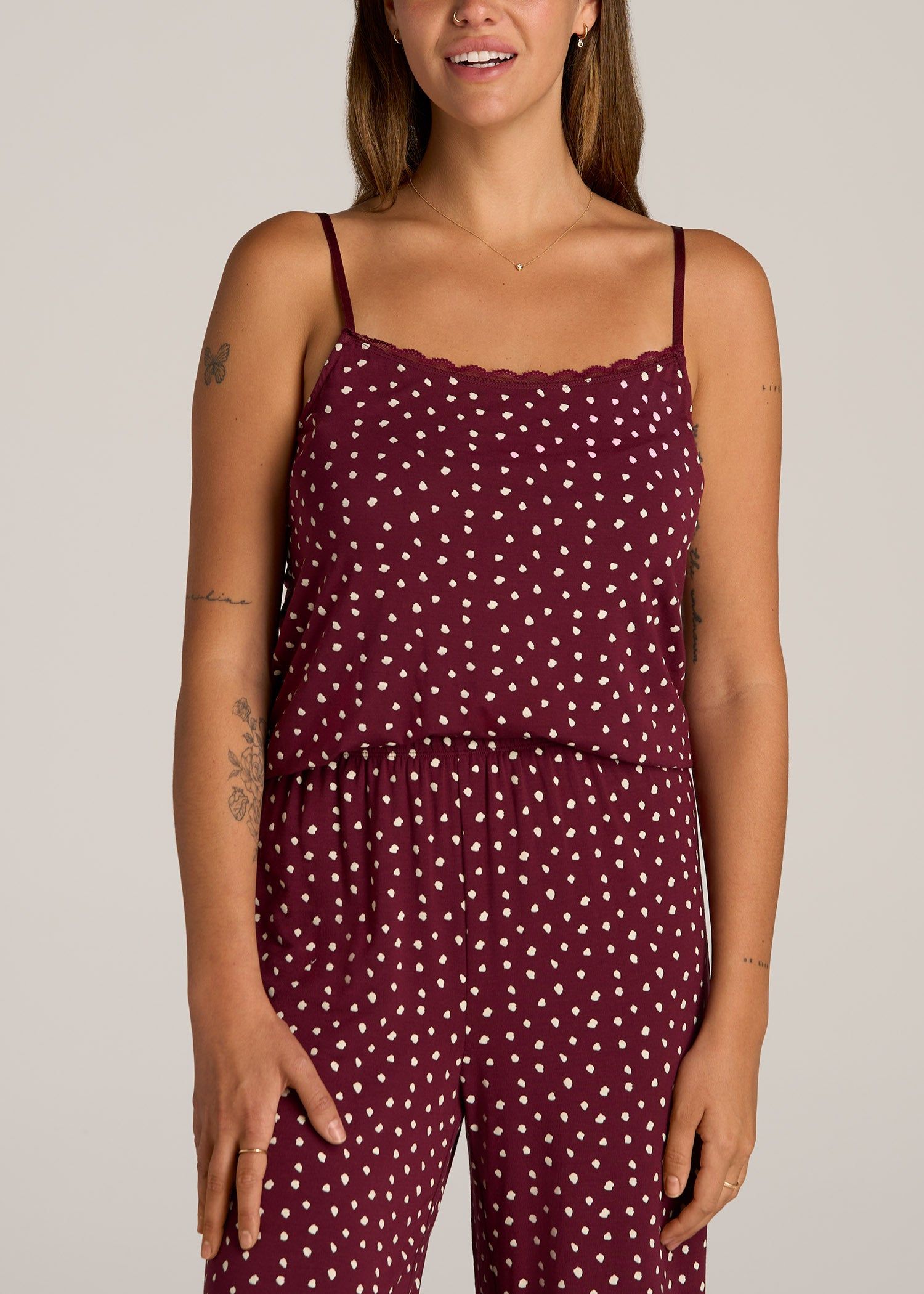 Lace Camisole Tank Top for Tall Women in Dark Cherry Cloud Print sold by American Tall