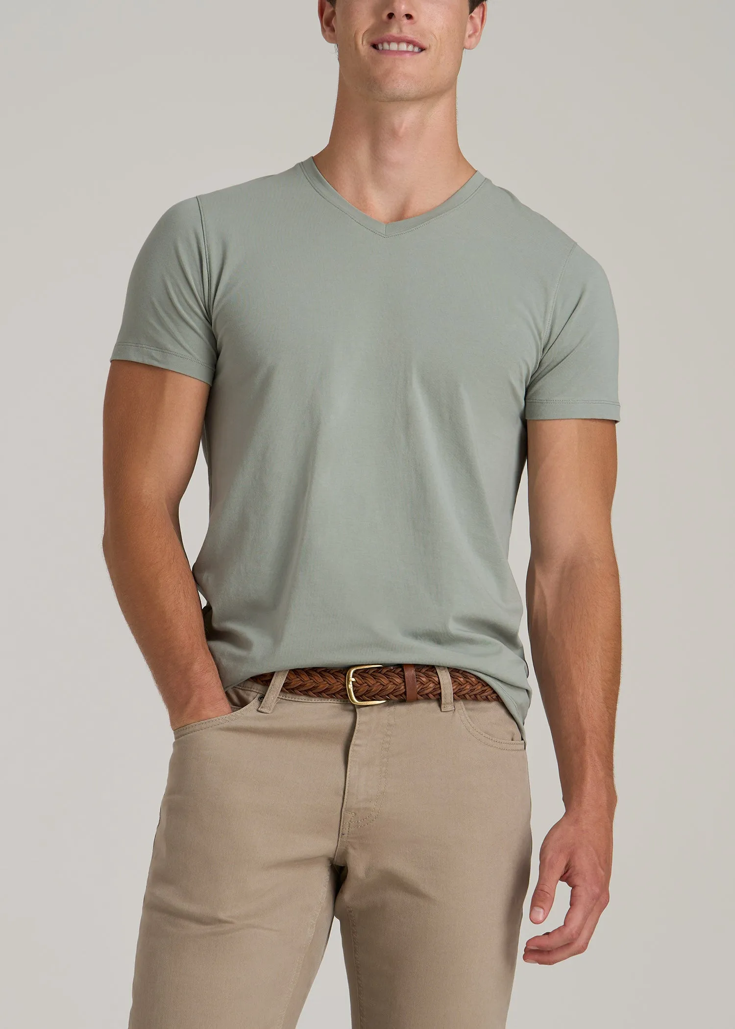 The Essential MODERN-FIT V-Neck Tee for Tall Men in Seagrass sold by American Tall
