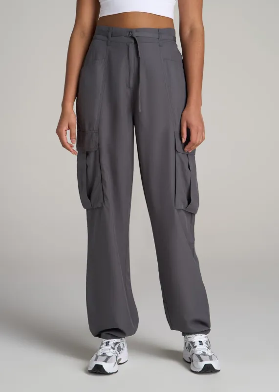 High Rise Cargo Parachute Pants for Tall Women in Slate sold by American Tall