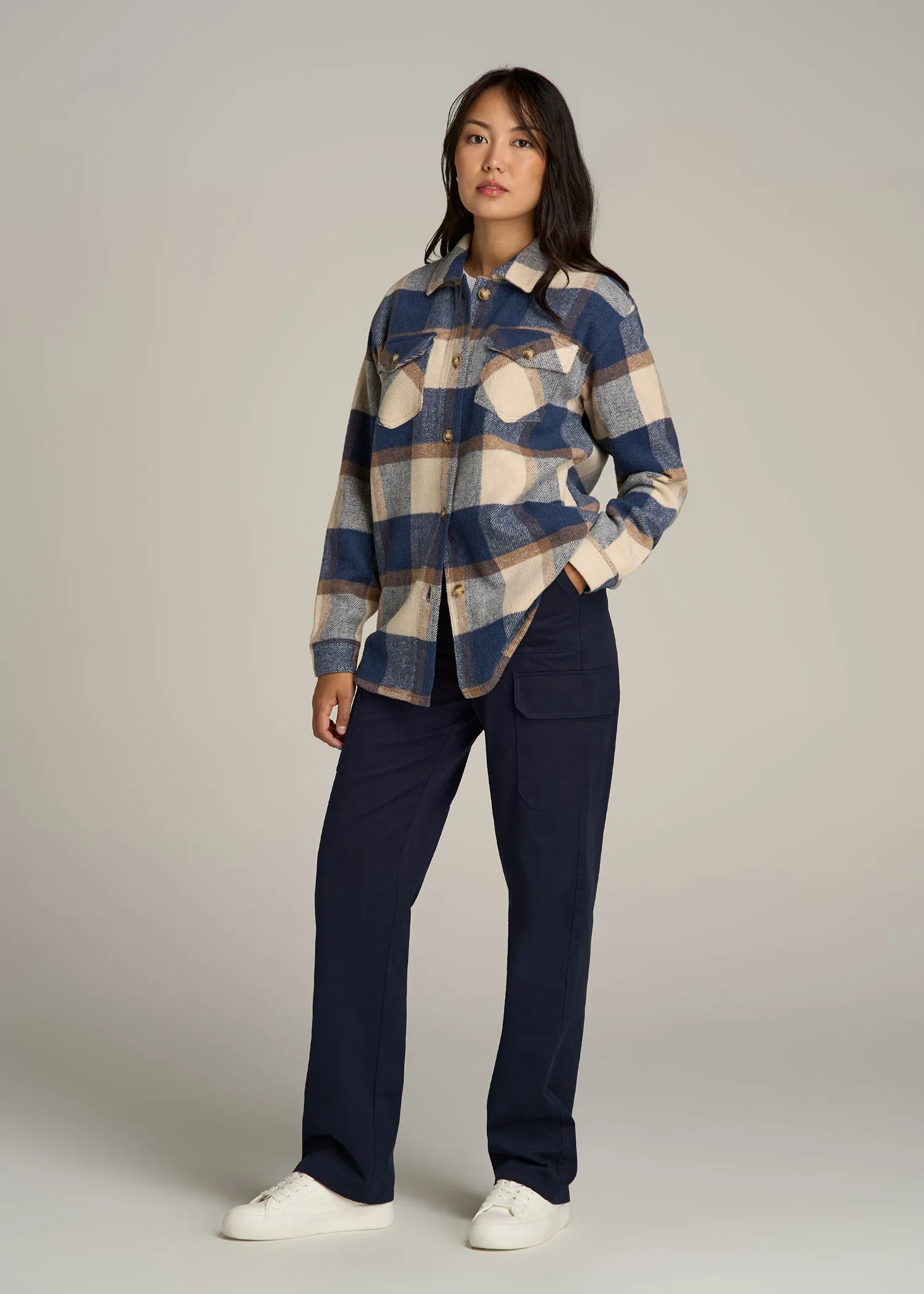 Flannel Shacket for Tall Women in Cream and Denim Blue Plaid sold by American Tall product image thumbnail 4