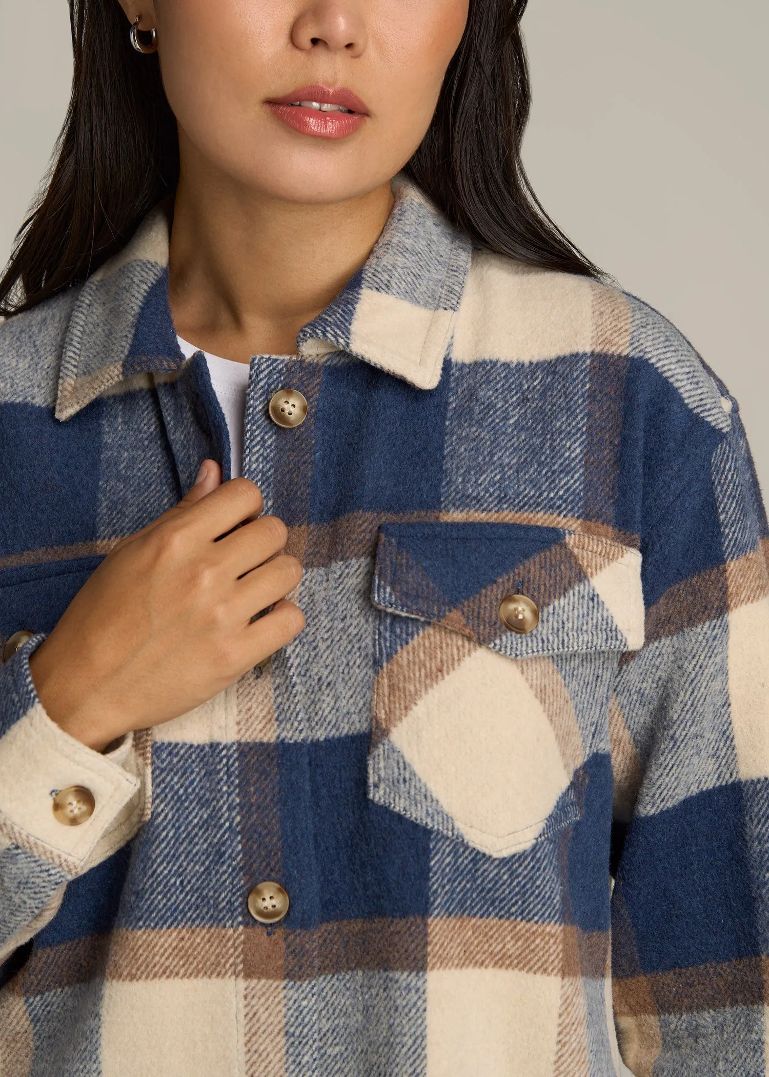 Flannel Shacket for Tall Women in Cream and Denim Blue Plaid sold by American Tall product image thumbnail 2