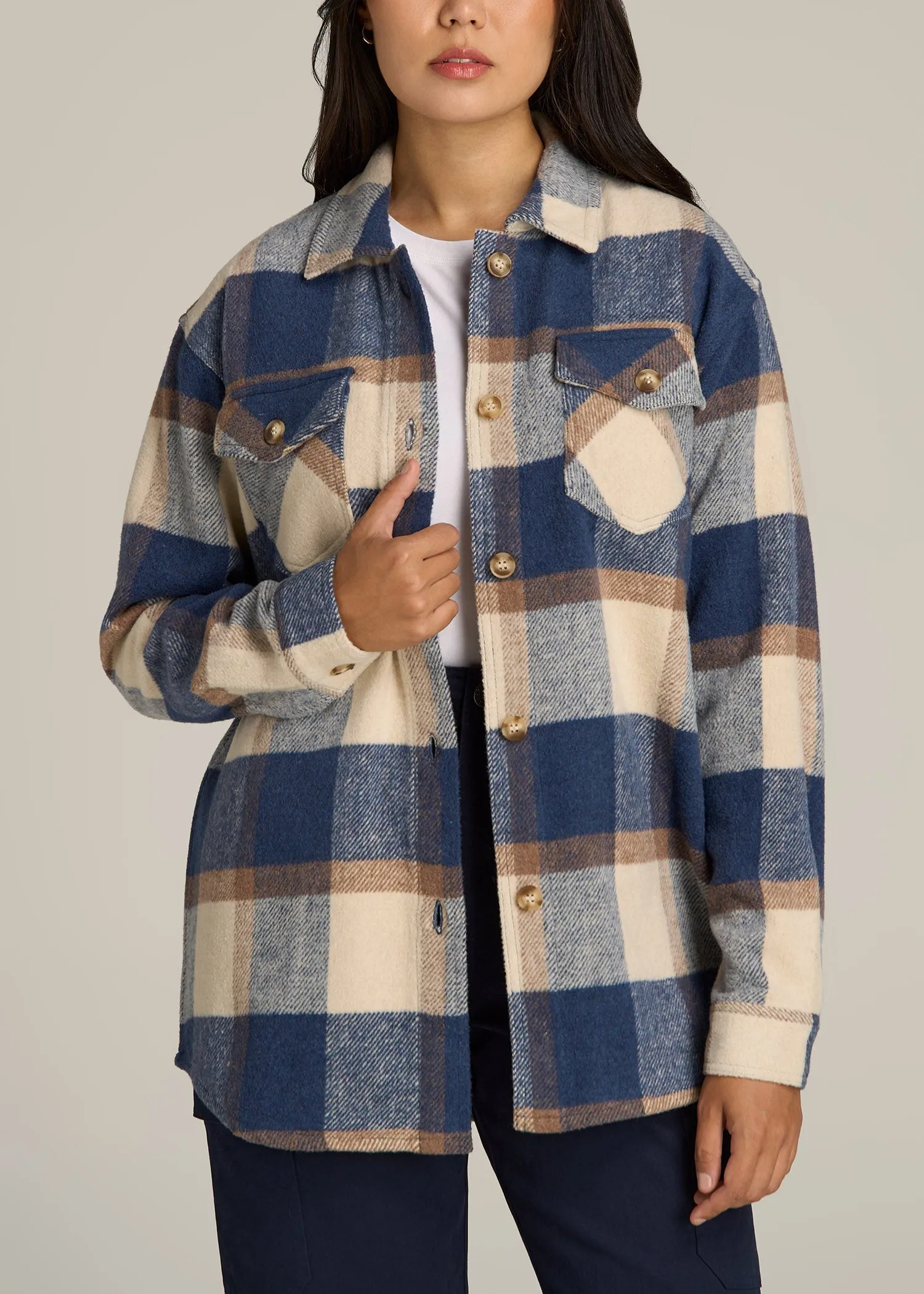 Flannel Shacket for Tall Women in Cream and Denim Blue Plaid sold by American Tall
