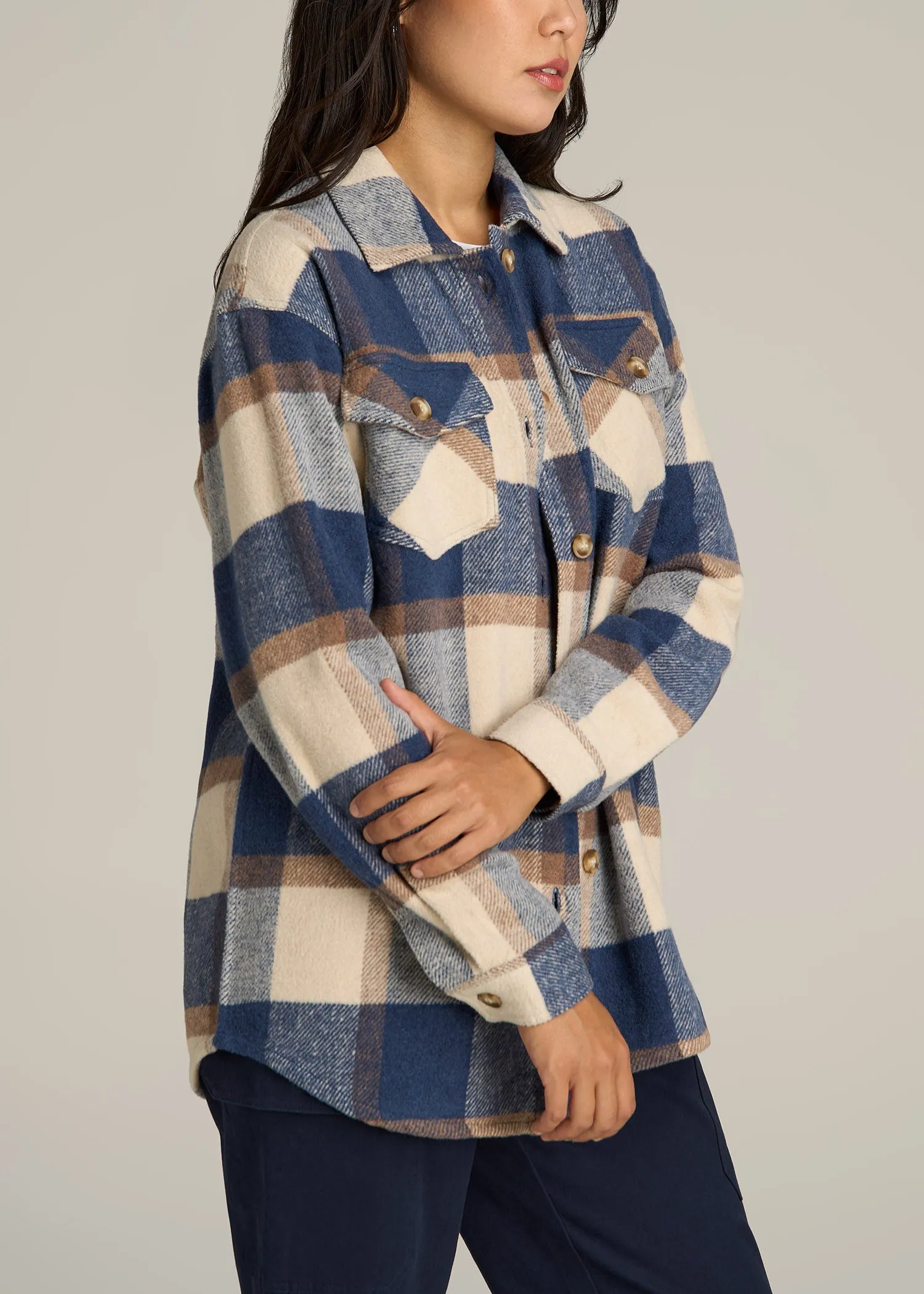 Flannel Shacket for Tall Women in Cream and Denim Blue Plaid sold by American Tall product image thumbnail 3