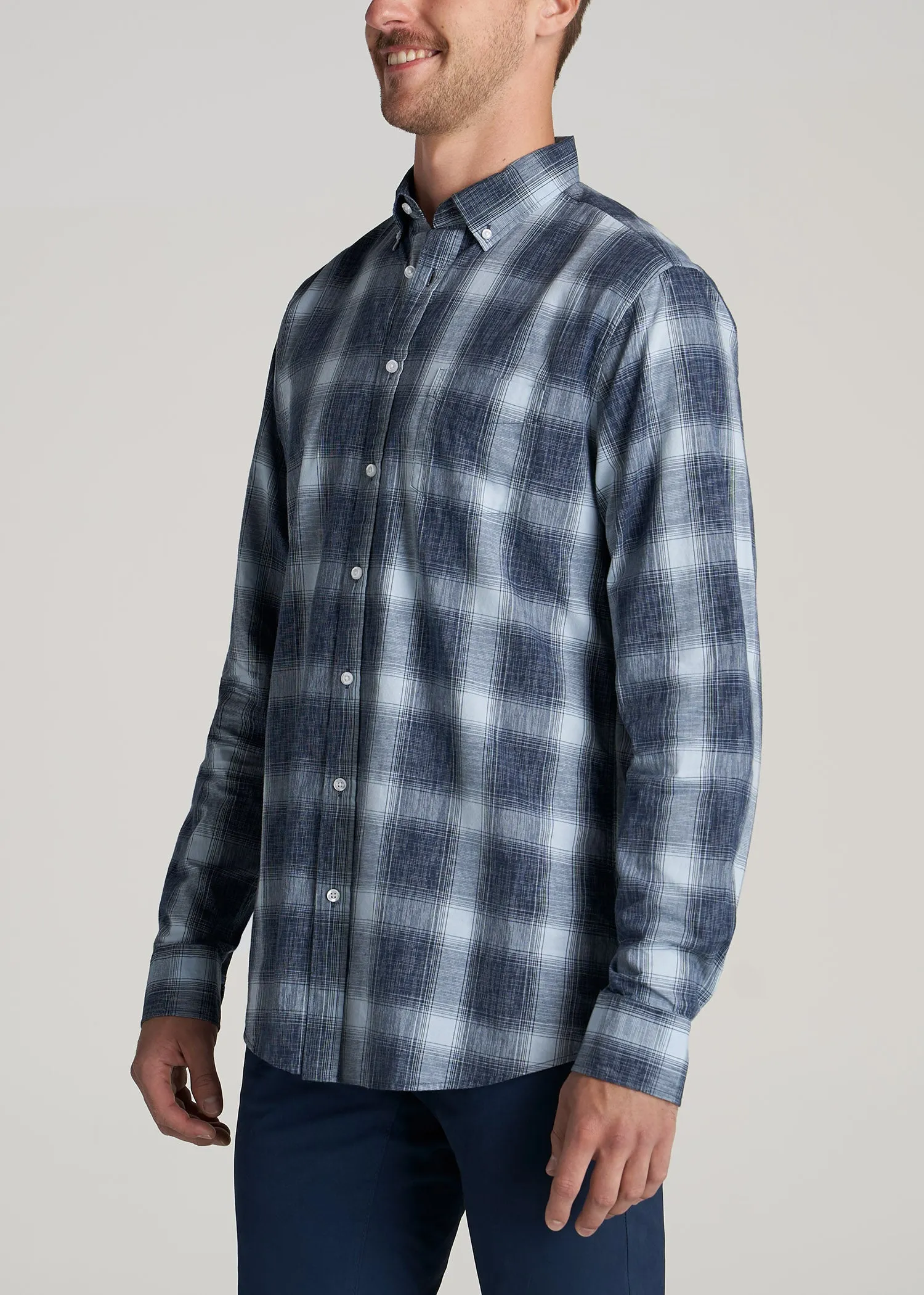 Soft-Wash Button-Up Shirt for Tall Men in Blues Plaid sold by American Tall product image thumbnail 3