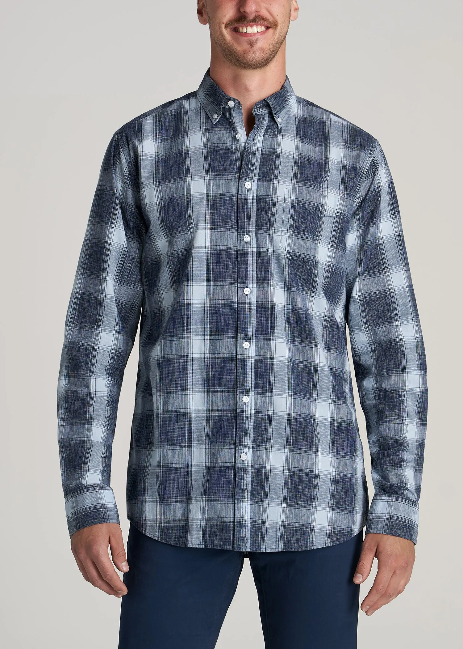 Soft-Wash Button-Up Shirt for Tall Men in Blues Plaid sold by American Tall