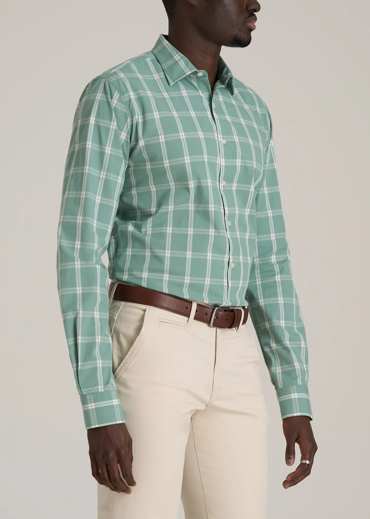 Oskar Button-Up Dress Shirt for Tall Men in Green and White Grid sold by American Tall product image thumbnail 3