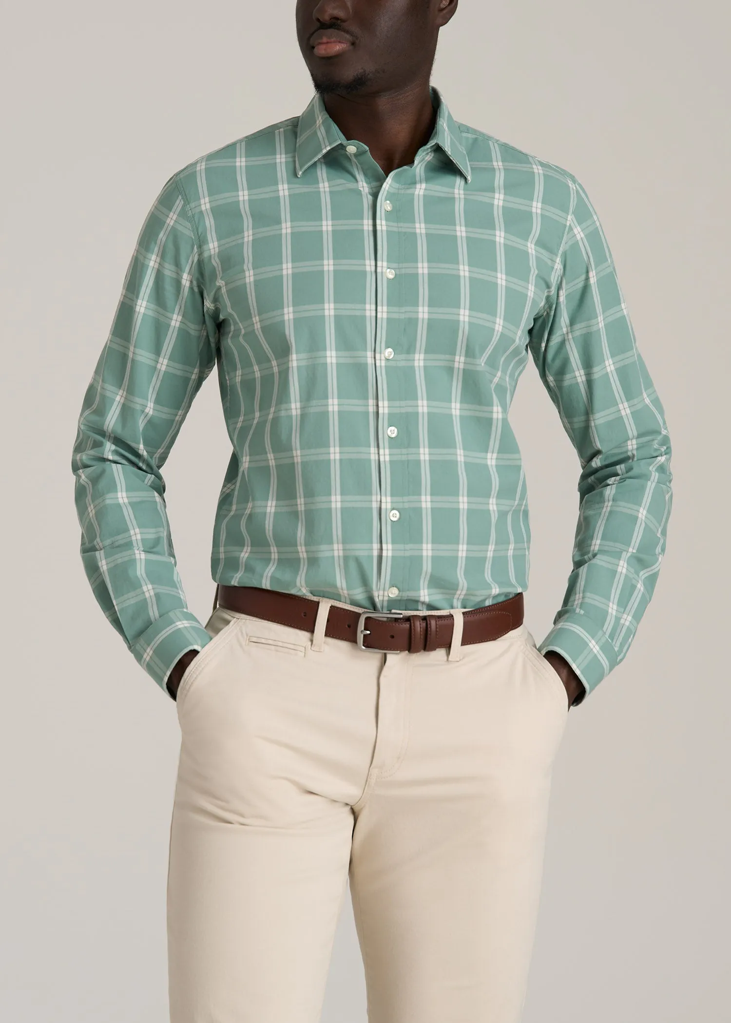 Oskar Button-Up Dress Shirt for Tall Men in Green and White Grid sold by American Tall