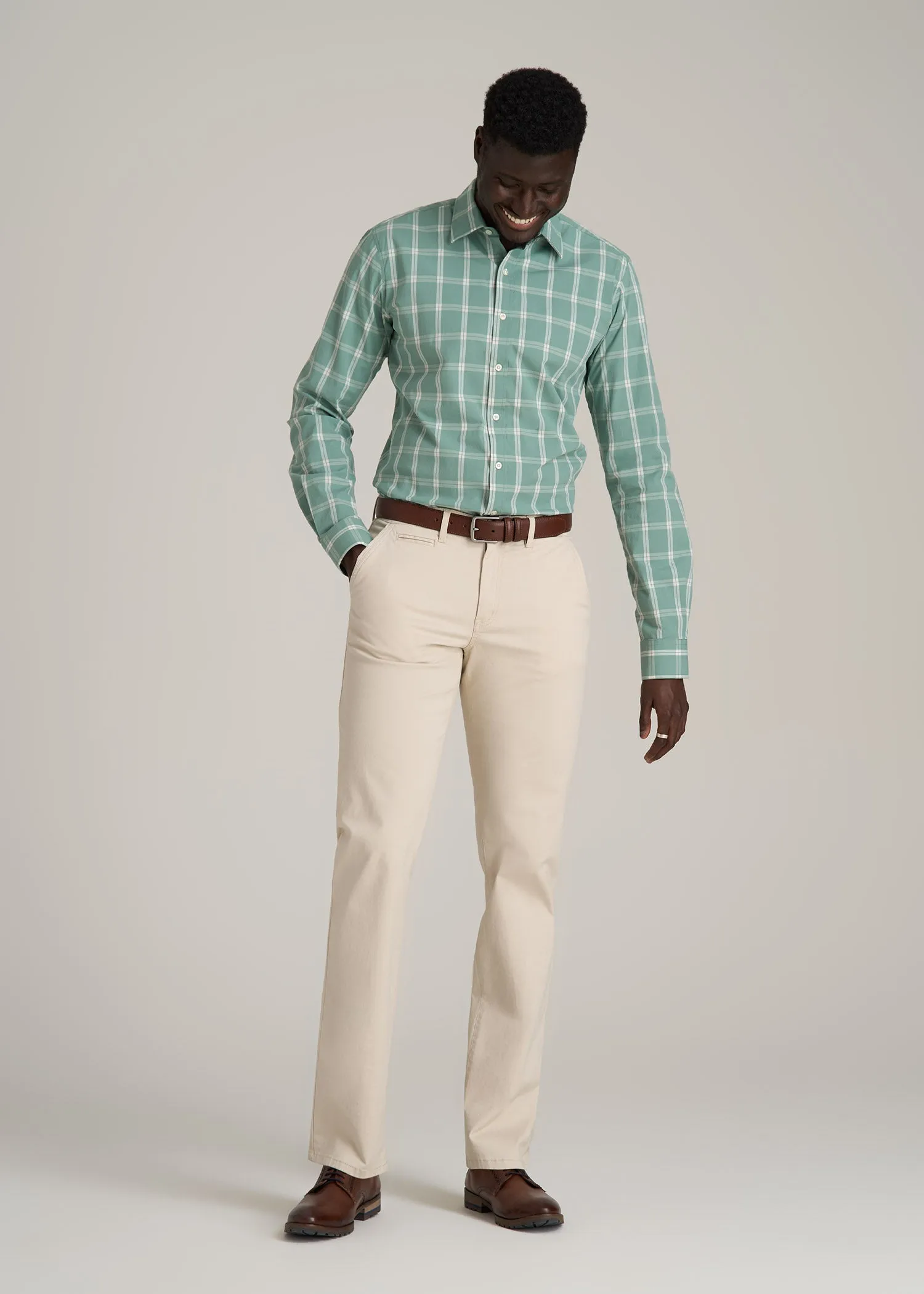 Oskar Button-Up Dress Shirt for Tall Men in Green and White Grid sold by American Tall product image thumbnail 4
