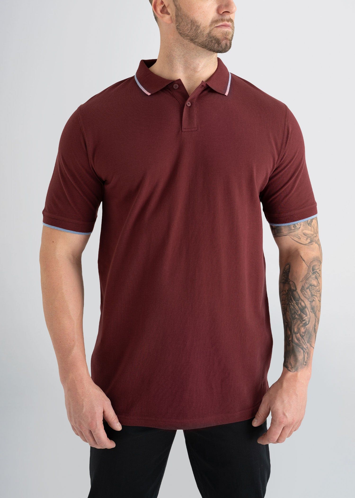 Tipped Men's Tall Polo Shirt in Maroon & Sky Blue sold by American Tall