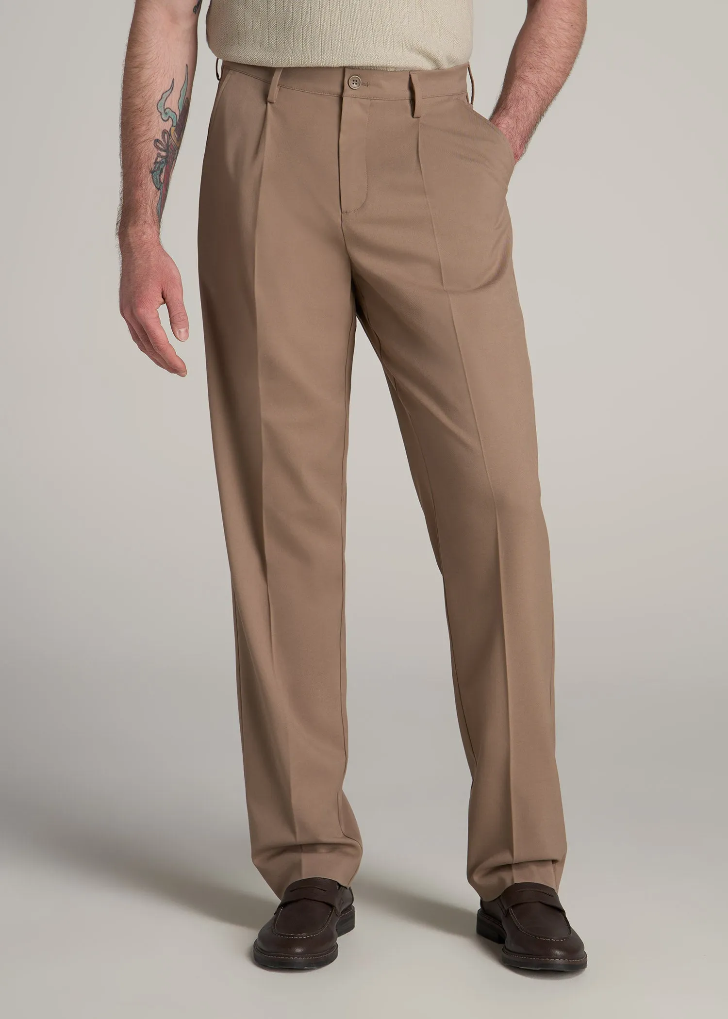 Relaxed Pleated Trousers for Tall Men in Dark Sand sold by American Tall