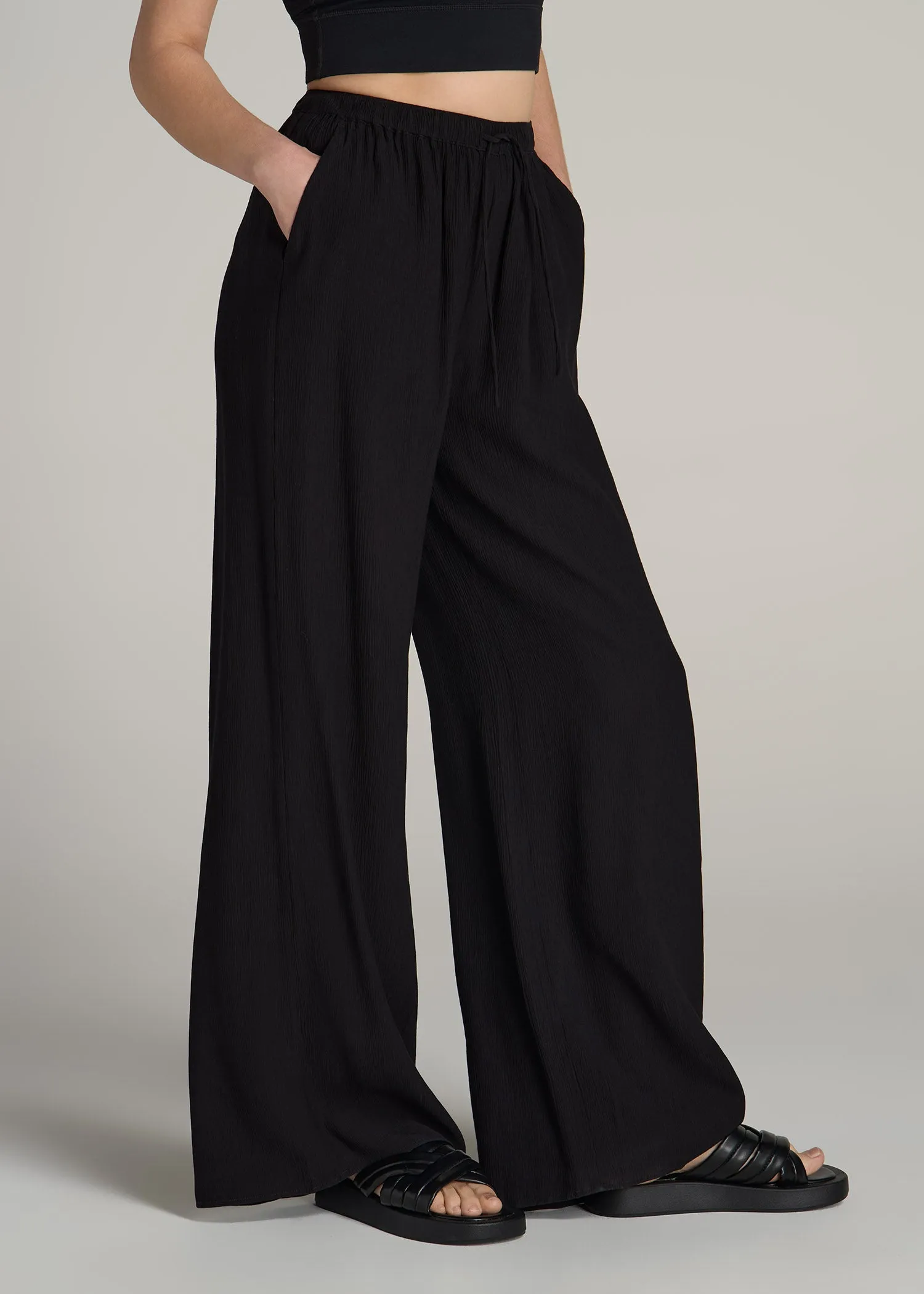Crinkle Pull-on Wide-leg Pants for Tall Women in Black sold by American Tall product image thumbnail 3