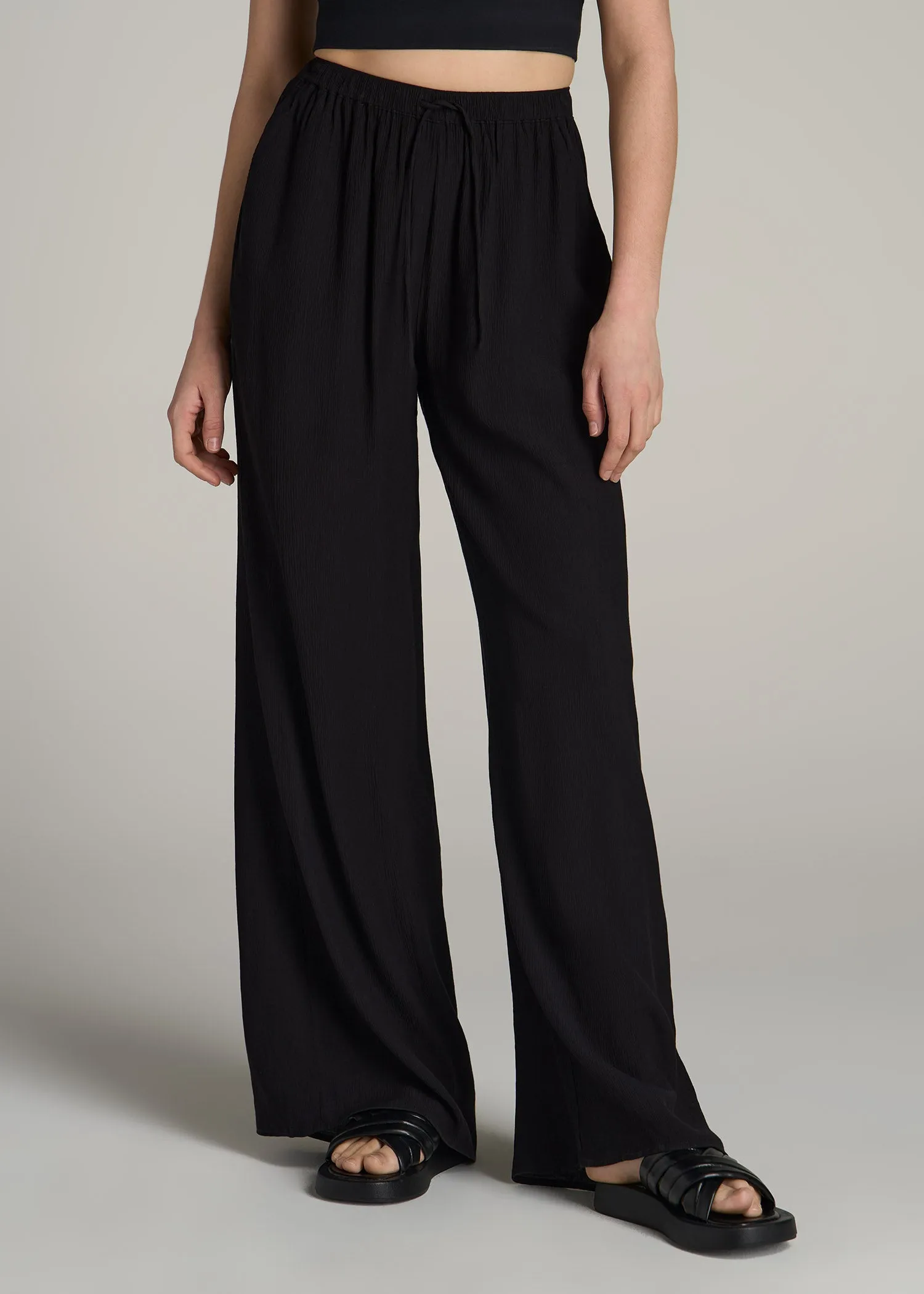 Crinkle Pull-on Wide-leg Pants for Tall Women in Black sold by American Tall