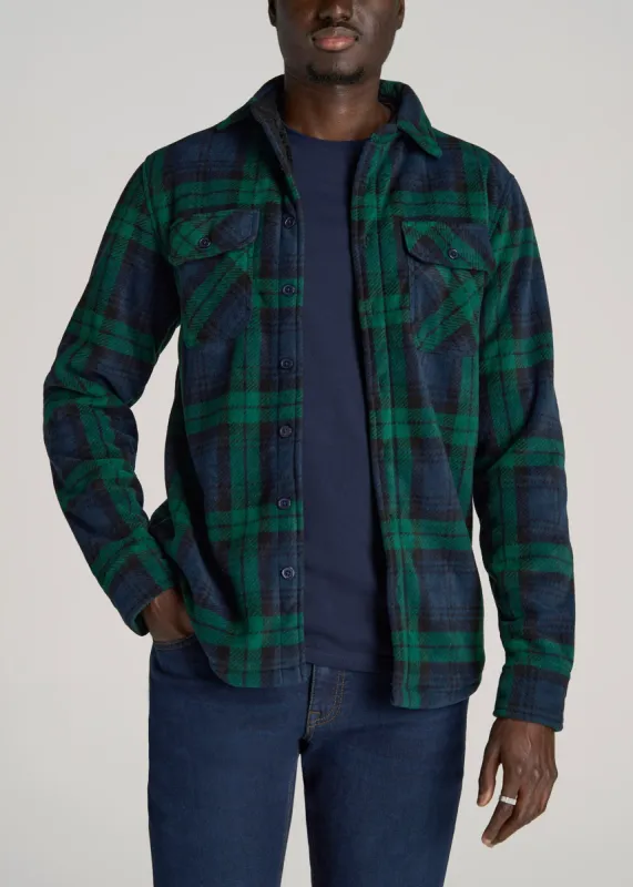 Sherpa-Lined Fleece Overshirt for Tall Men in Dark Blue & Green Plaid sold by American Tall