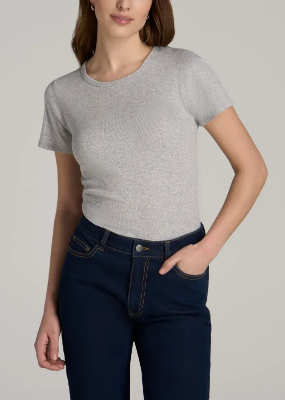 Short Sleeve Crew Neck Ribbed T-Shirt for Tall Women in Grey Mix sold by American Tall