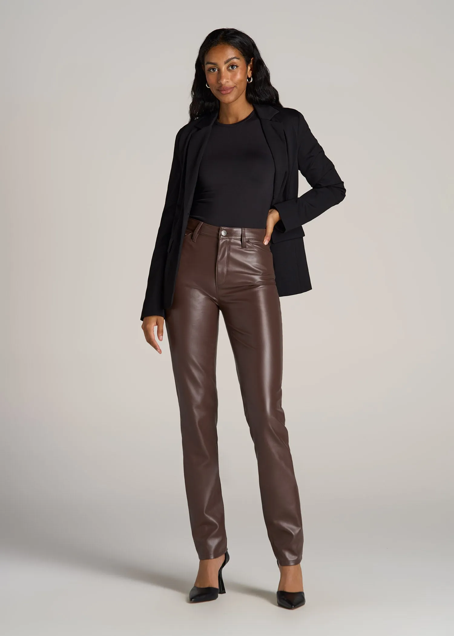 Faux Leather SLIM Pants for Tall Women in Chocolate sold by American Tall product image thumbnail 4