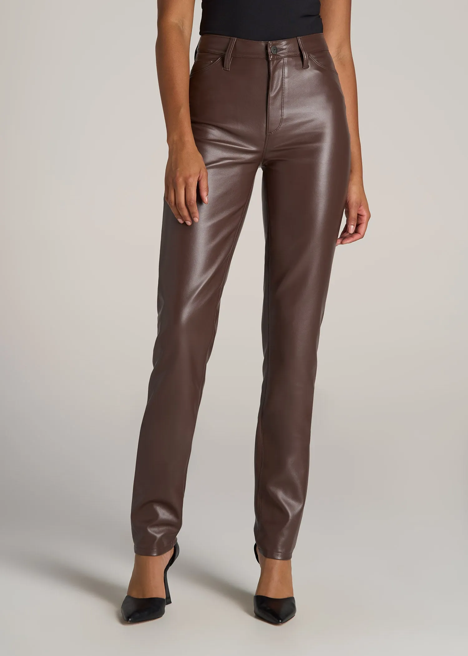 Faux Leather SLIM Pants for Tall Women in Chocolate sold by American Tall