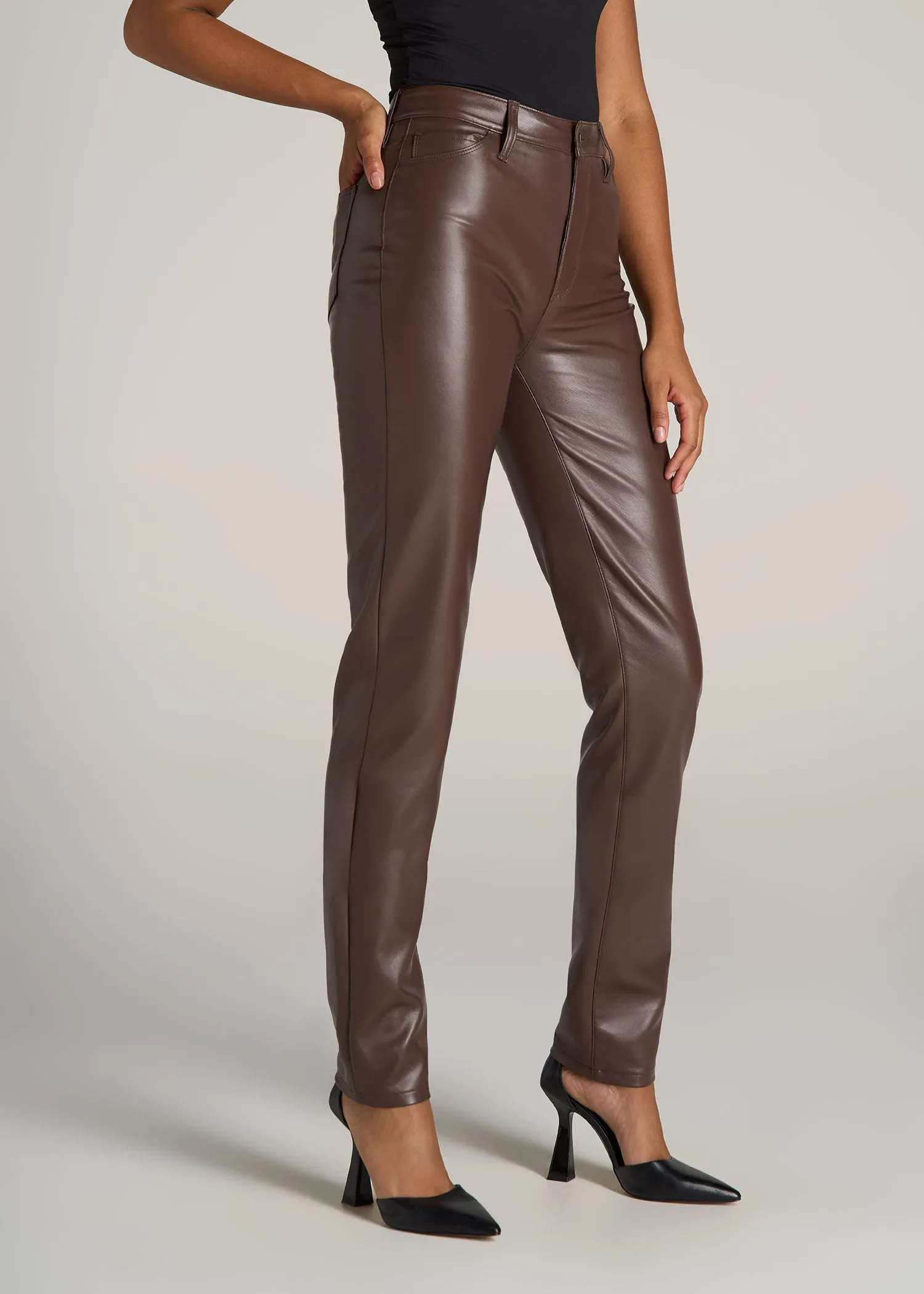 Faux Leather SLIM Pants for Tall Women in Chocolate sold by American Tall product image thumbnail 3