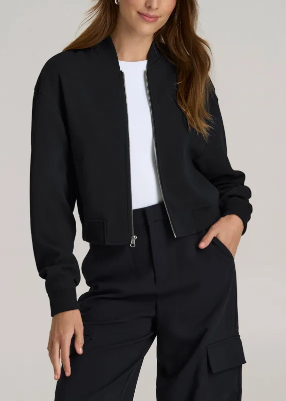 Cropped Women's Tall Bomber Jacket in Black sold by American Tall