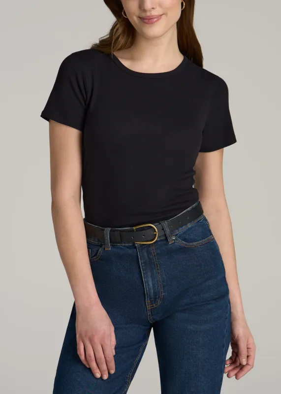 Short Sleeve Crew Neck Ribbed T-Shirt for Tall Women in Black sold by American Tall