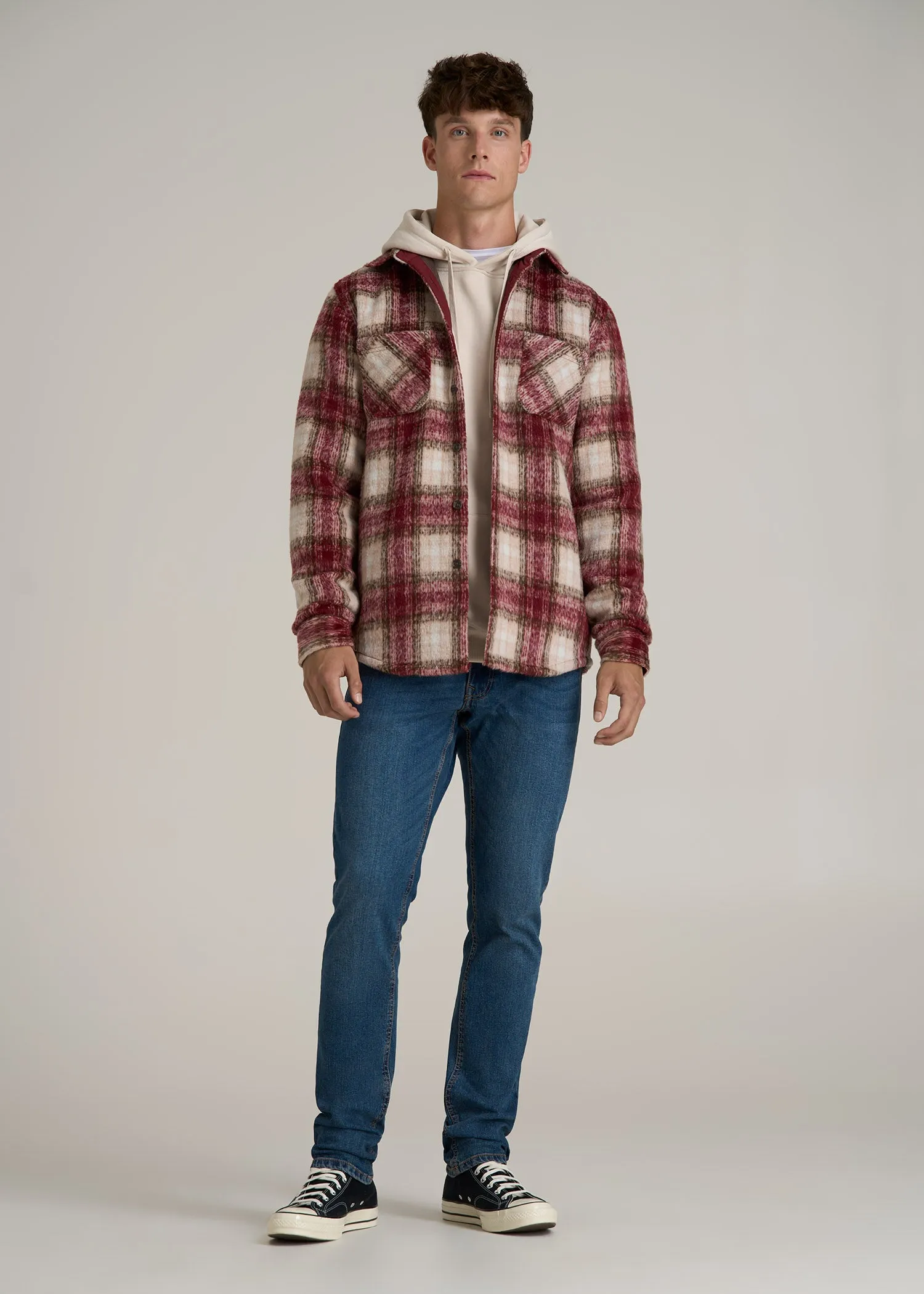 Brushed Flannel Overshirt for Tall Men in Ecru and Red Plaid sold by American Tall product image thumbnail 4